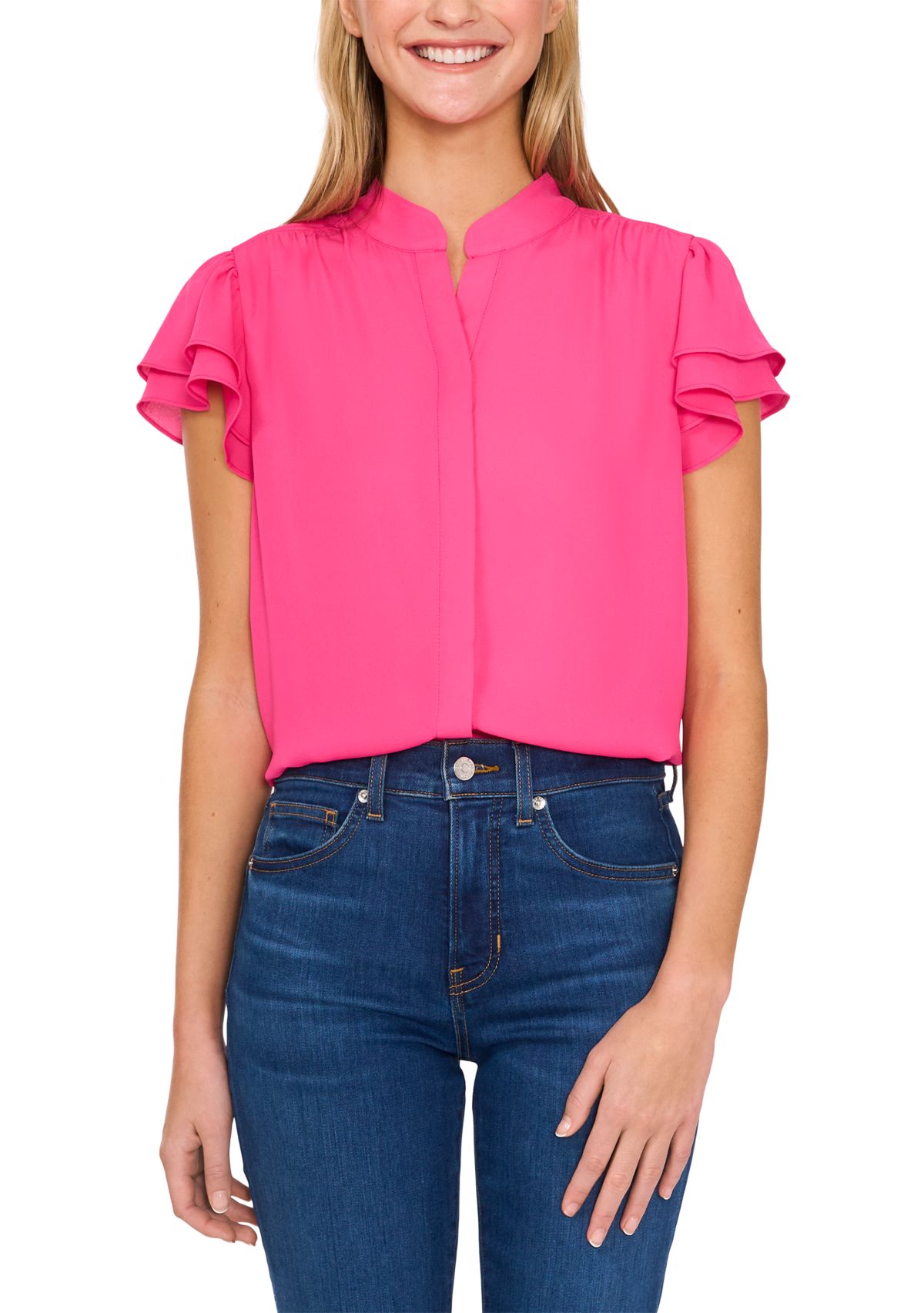 Womens Flutter Sleeve Hidden Placket Blouse