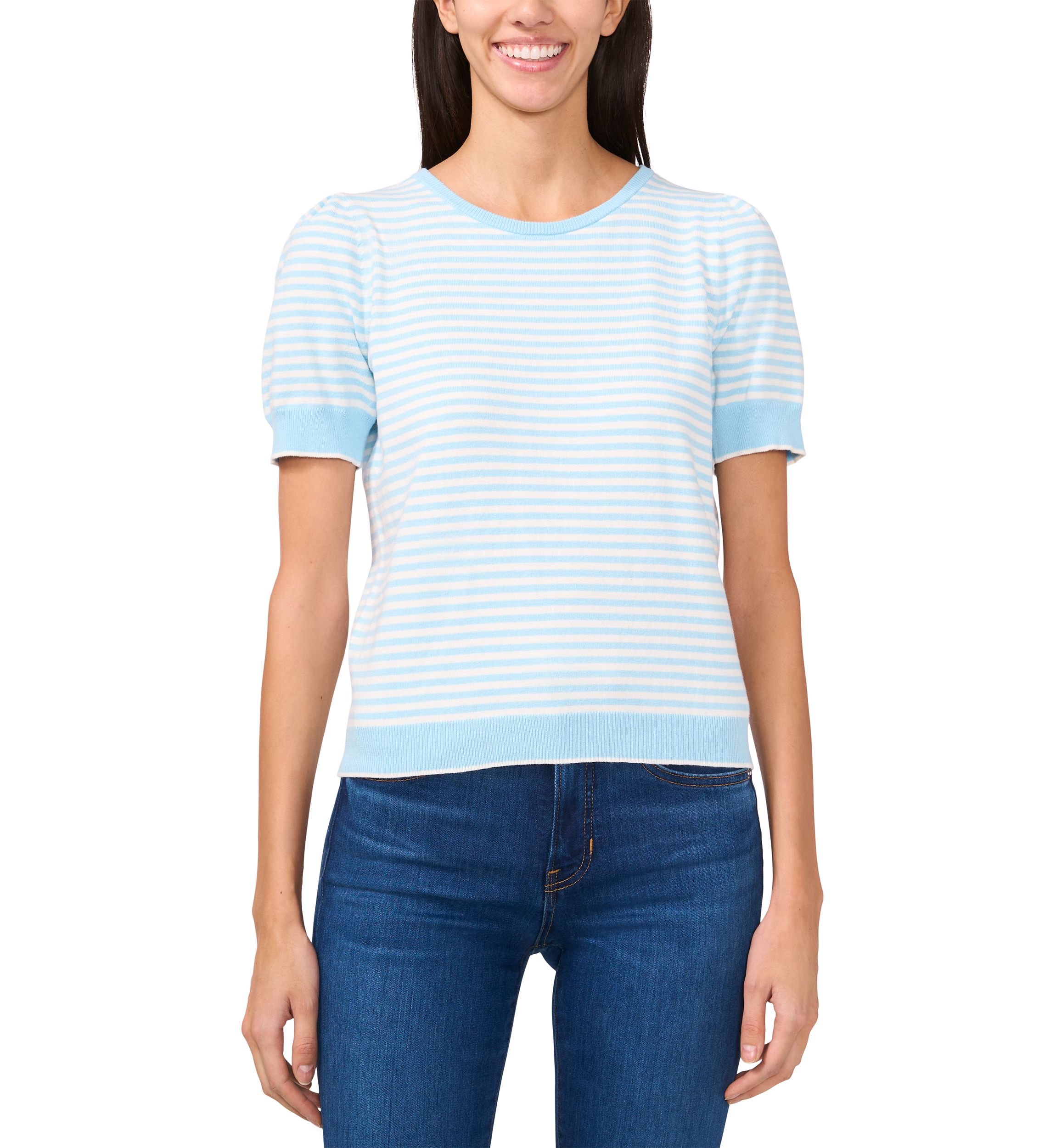 Womens Short Sleeve Pearl Back Stripe Sweater