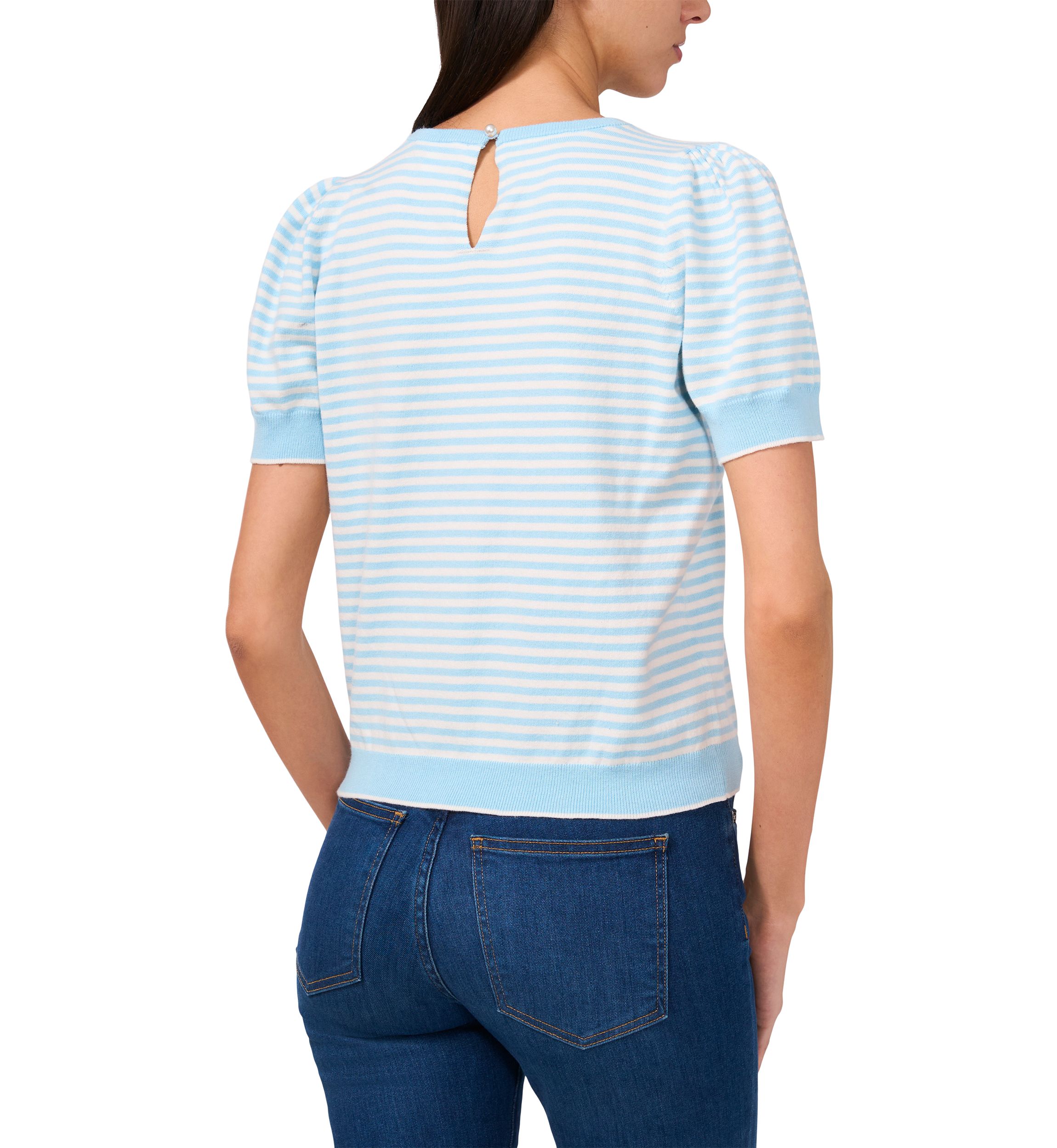 Womens Short Sleeve Pearl Back Stripe Sweater
