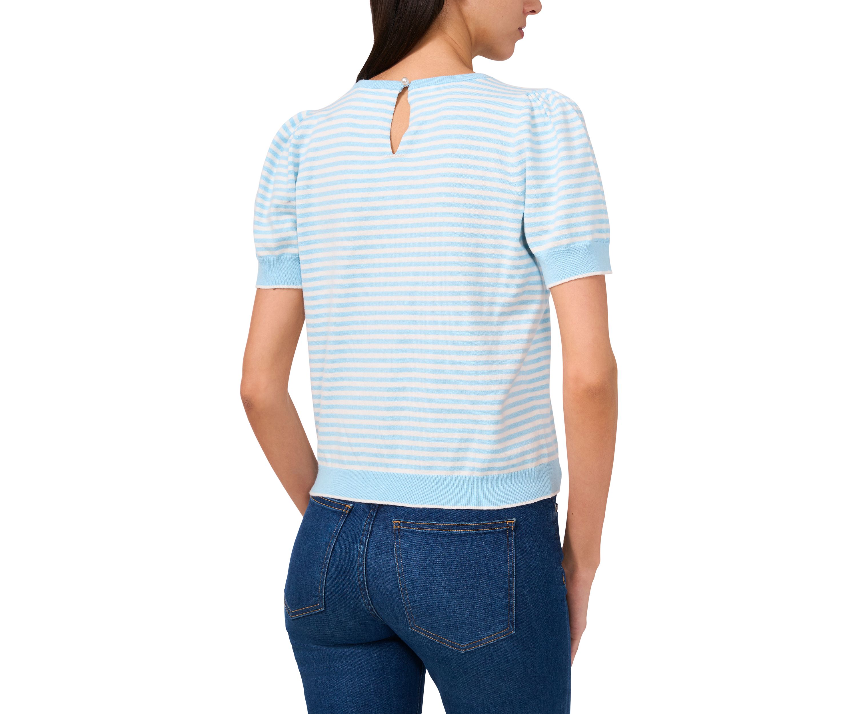 Womens Short Sleeve Pearl Back Stripe Sweater