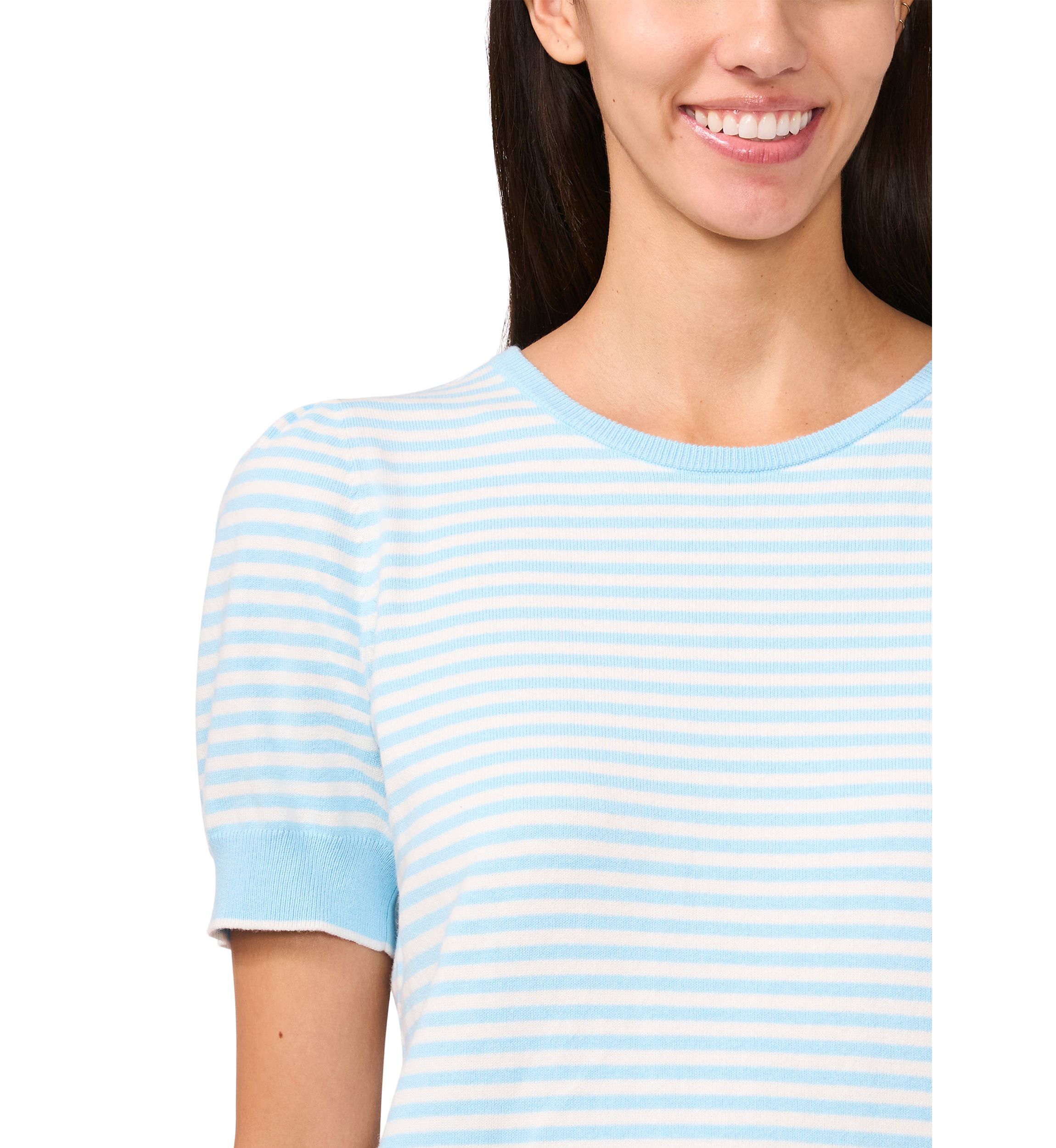 Womens Short Sleeve Pearl Back Stripe Sweater