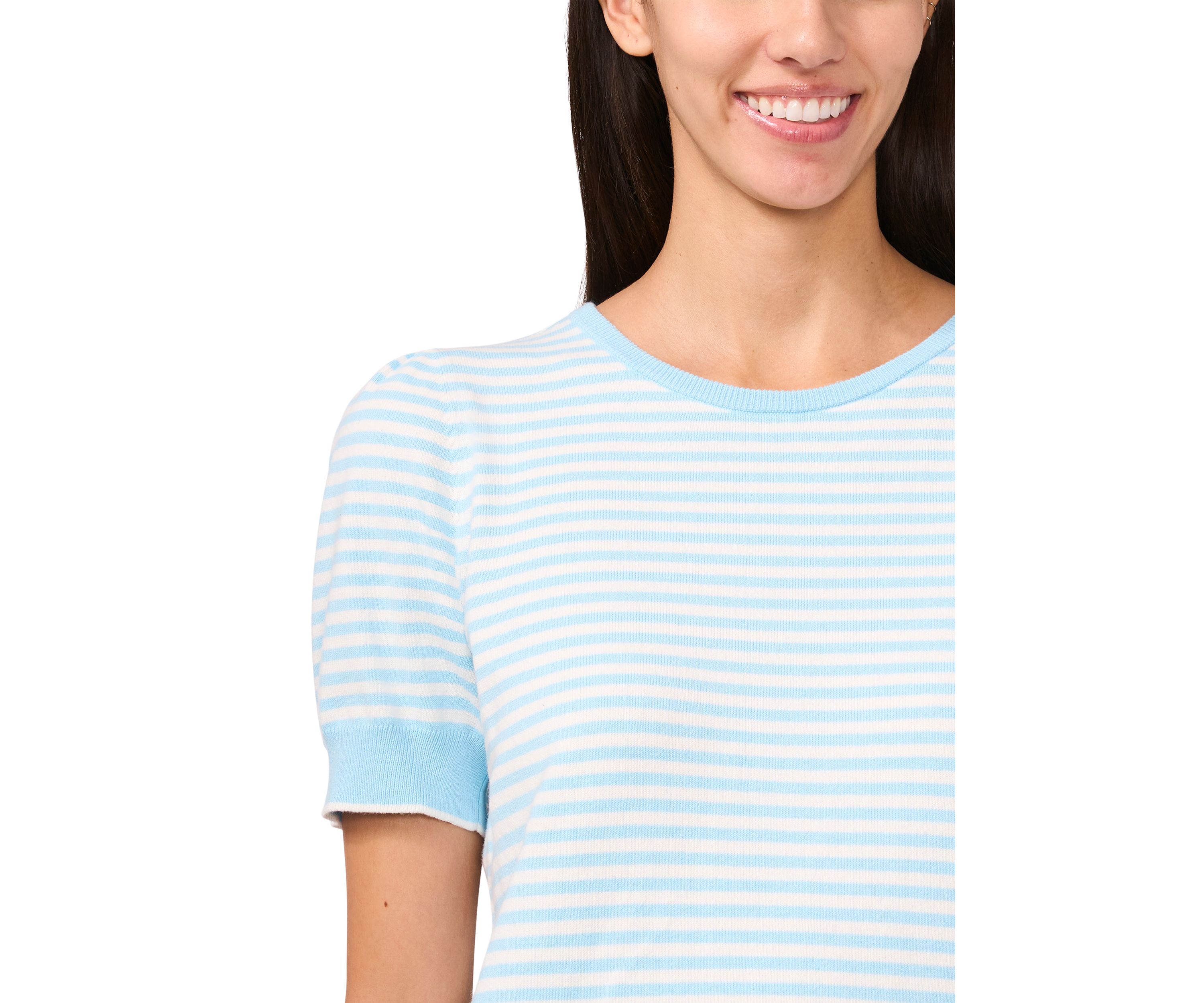 Womens Short Sleeve Pearl Back Stripe Sweater