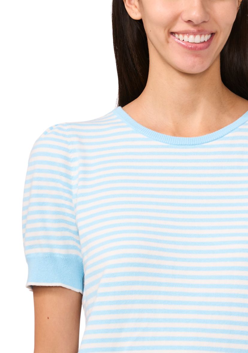 Womens Short Sleeve Pearl Back Stripe Sweater
