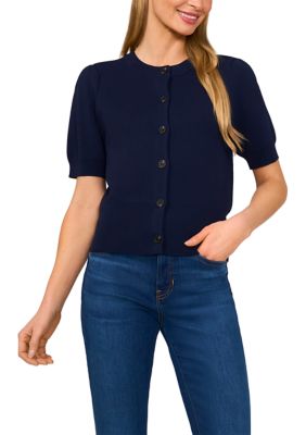 CeCe Women's Short Puff Sleeve Button Front Cardigan, Navy Blue, XS