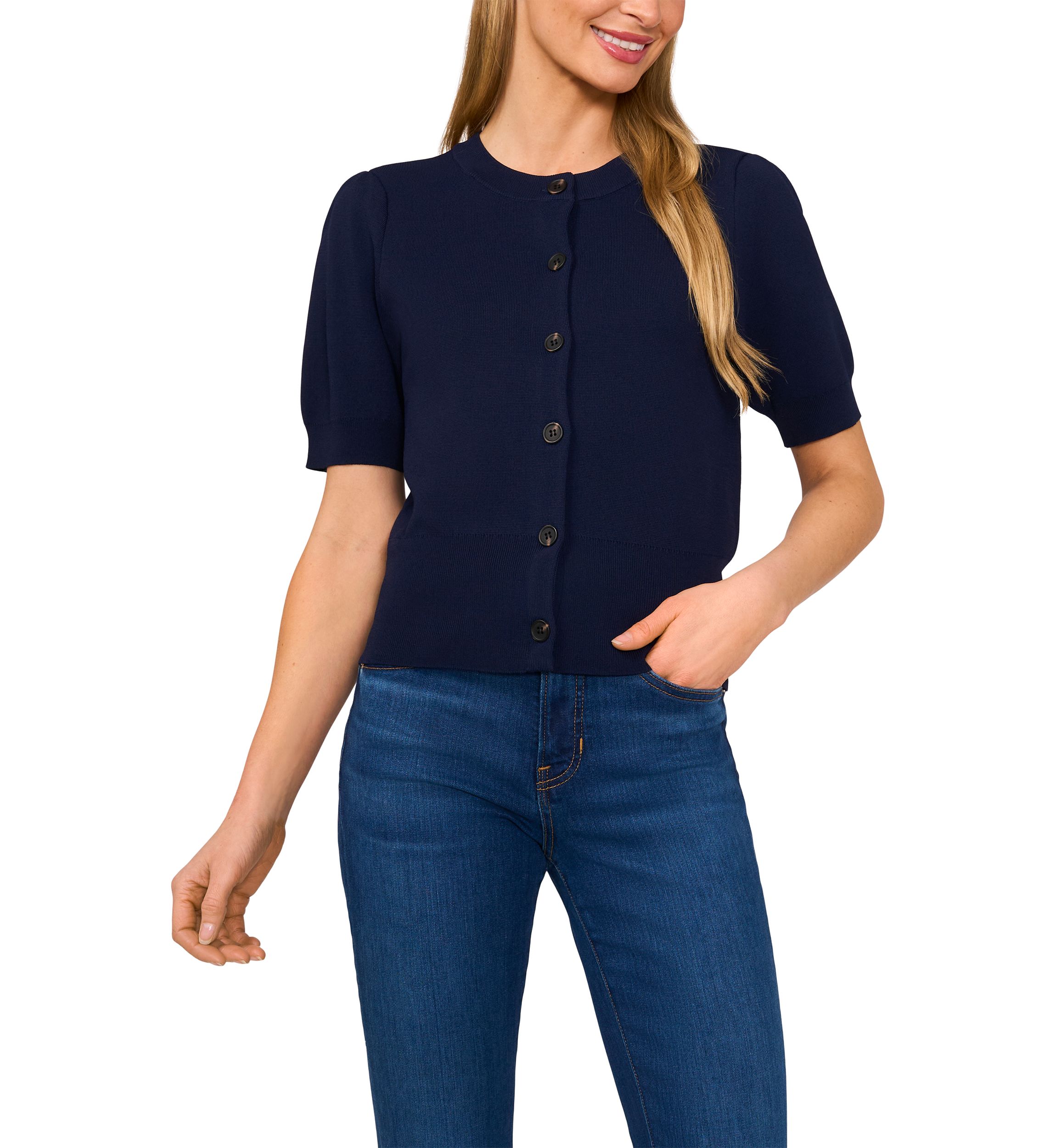 Short Puff Sleeve Button Front Cardigan 
