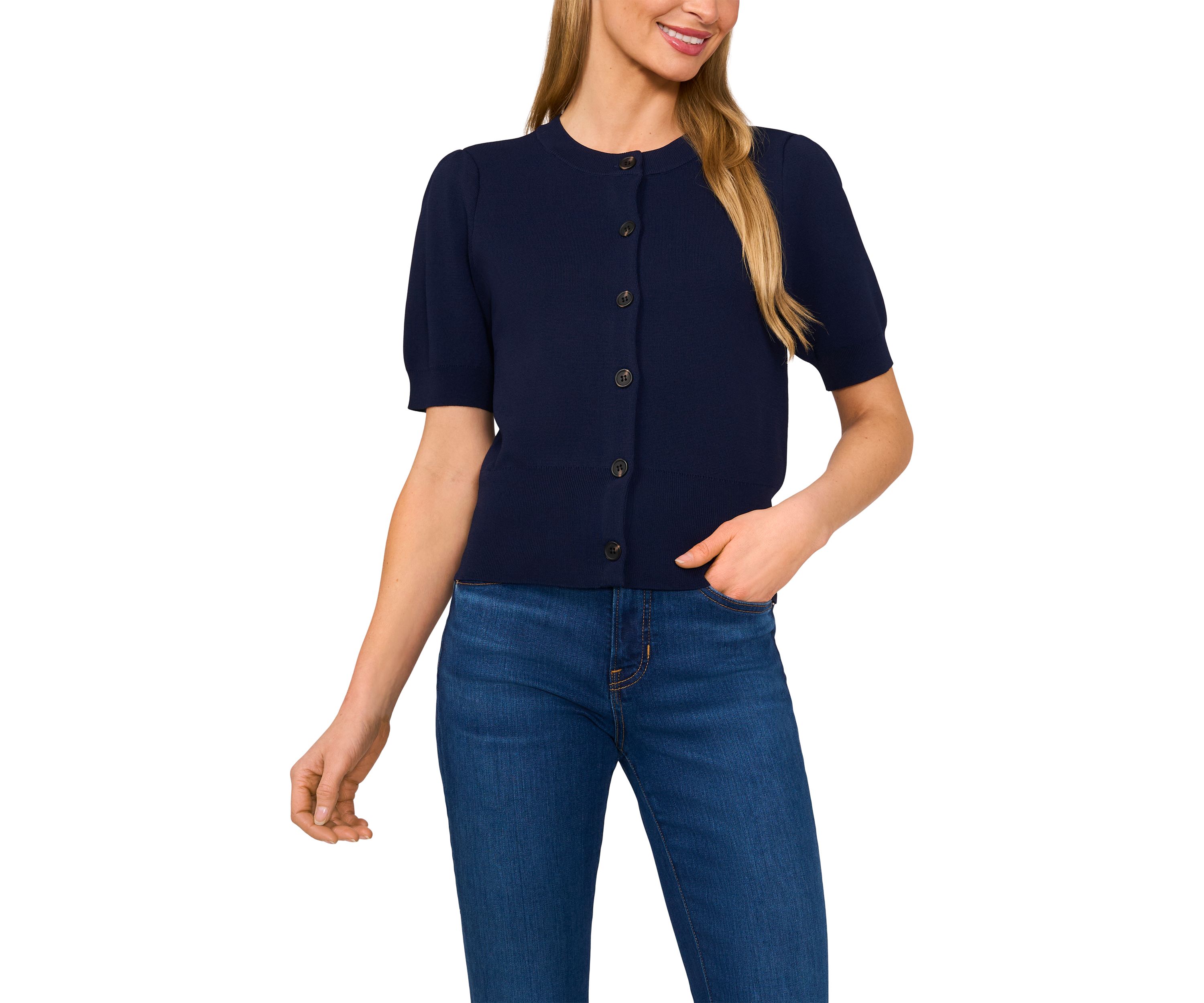 Short Puff Sleeve Button Front Cardigan 