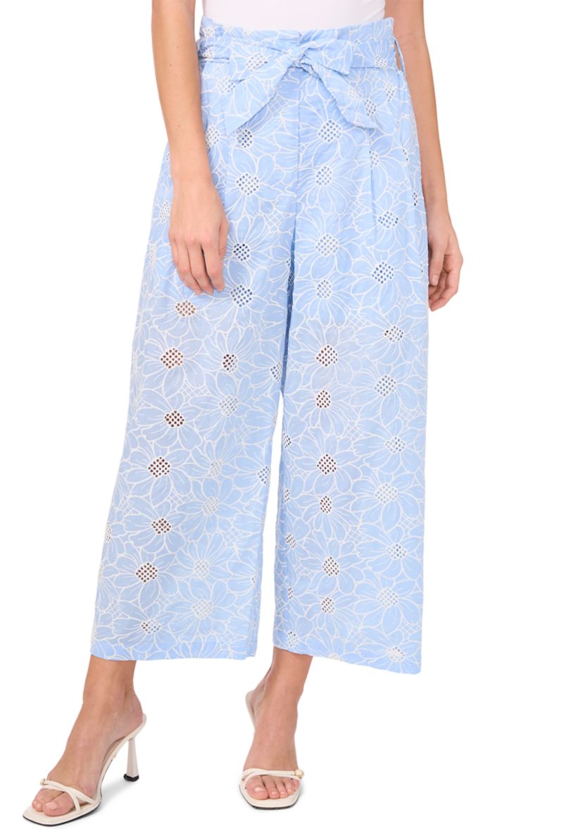 Womens Tie Waist Wide Leg Embroidered Pants