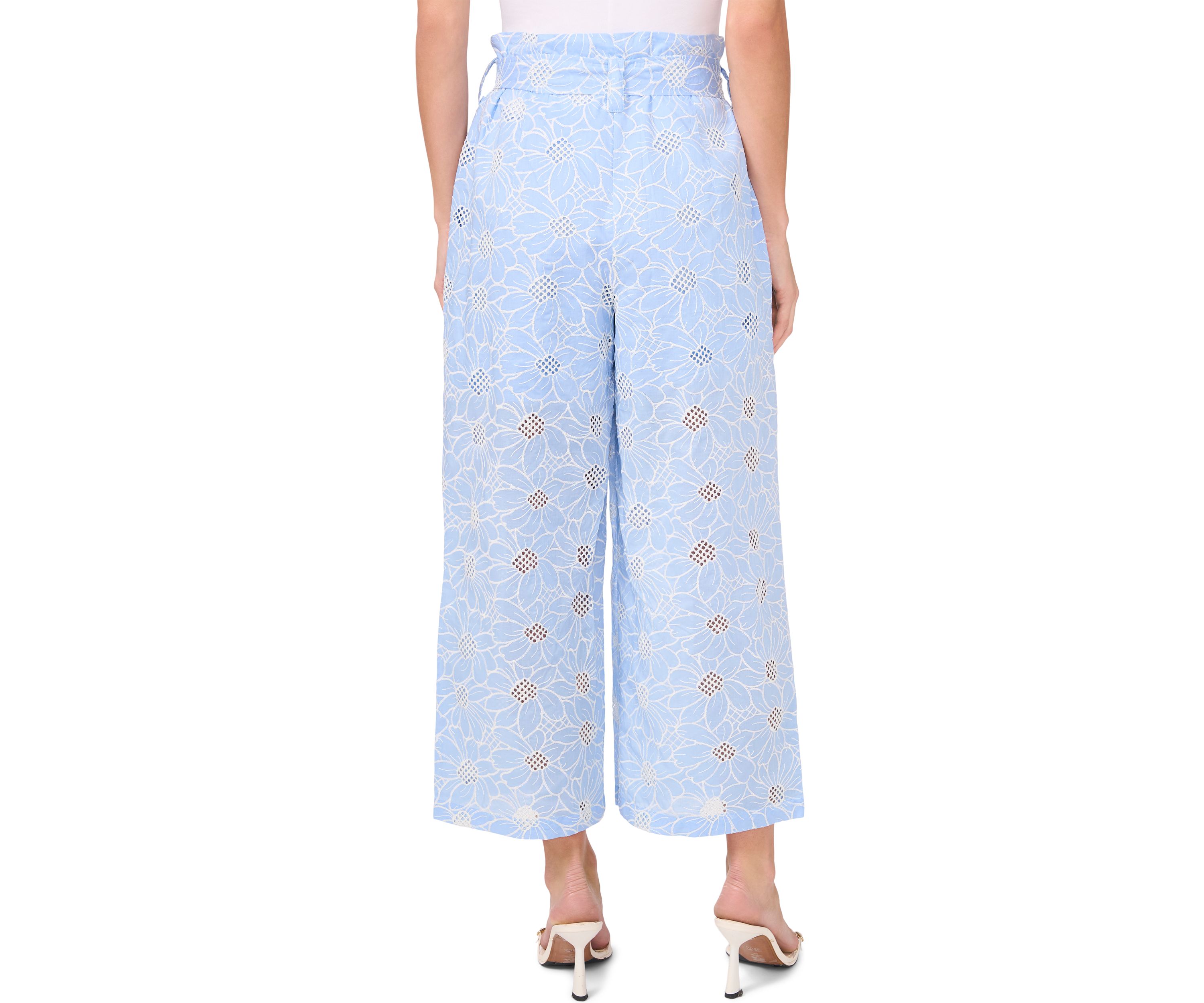 Womens Tie Waist Wide Leg Embroidered Pants
