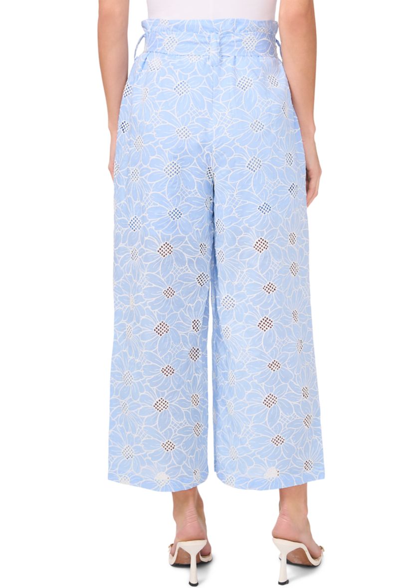Womens Tie Waist Wide Leg Embroidered Pants