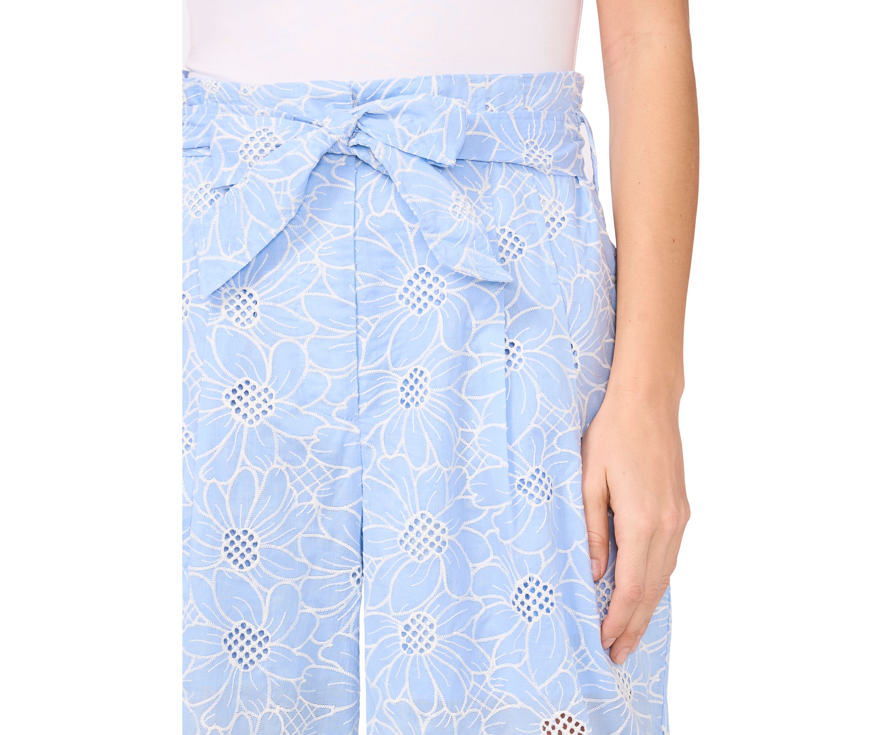 Womens Tie Waist Wide Leg Embroidered Pants