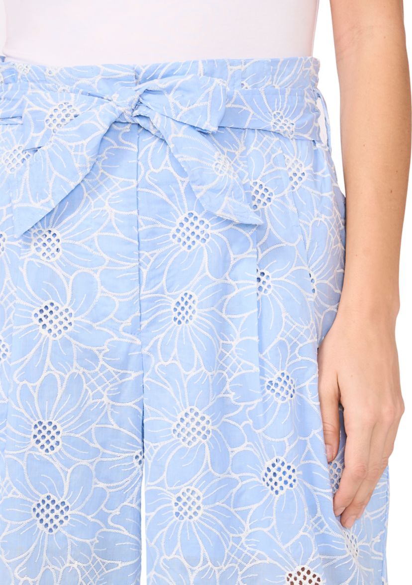 Womens Tie Waist Wide Leg Embroidered Pants