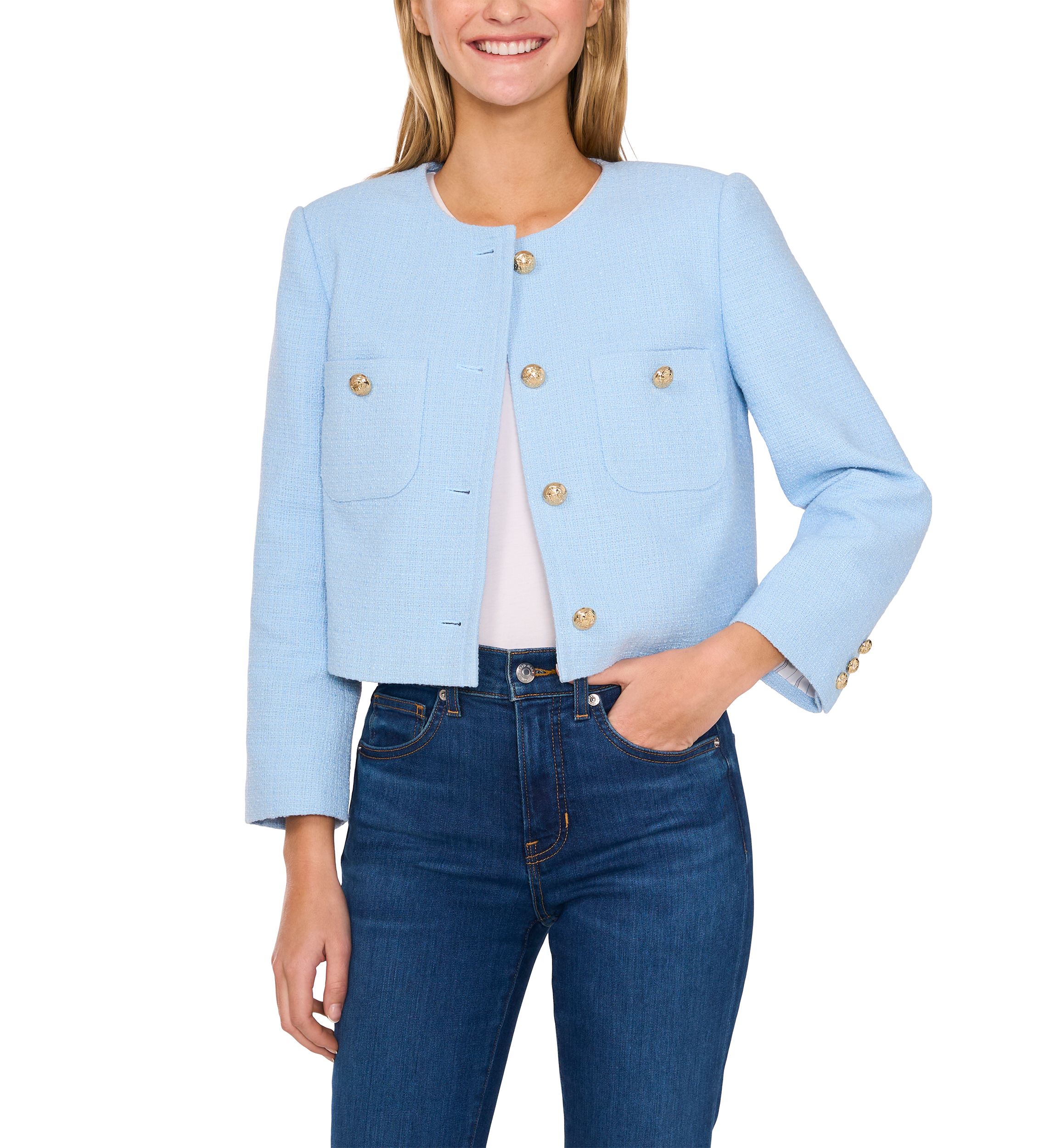 Womens Long Sleeve Two Pocket Button Front Tweed Jacket