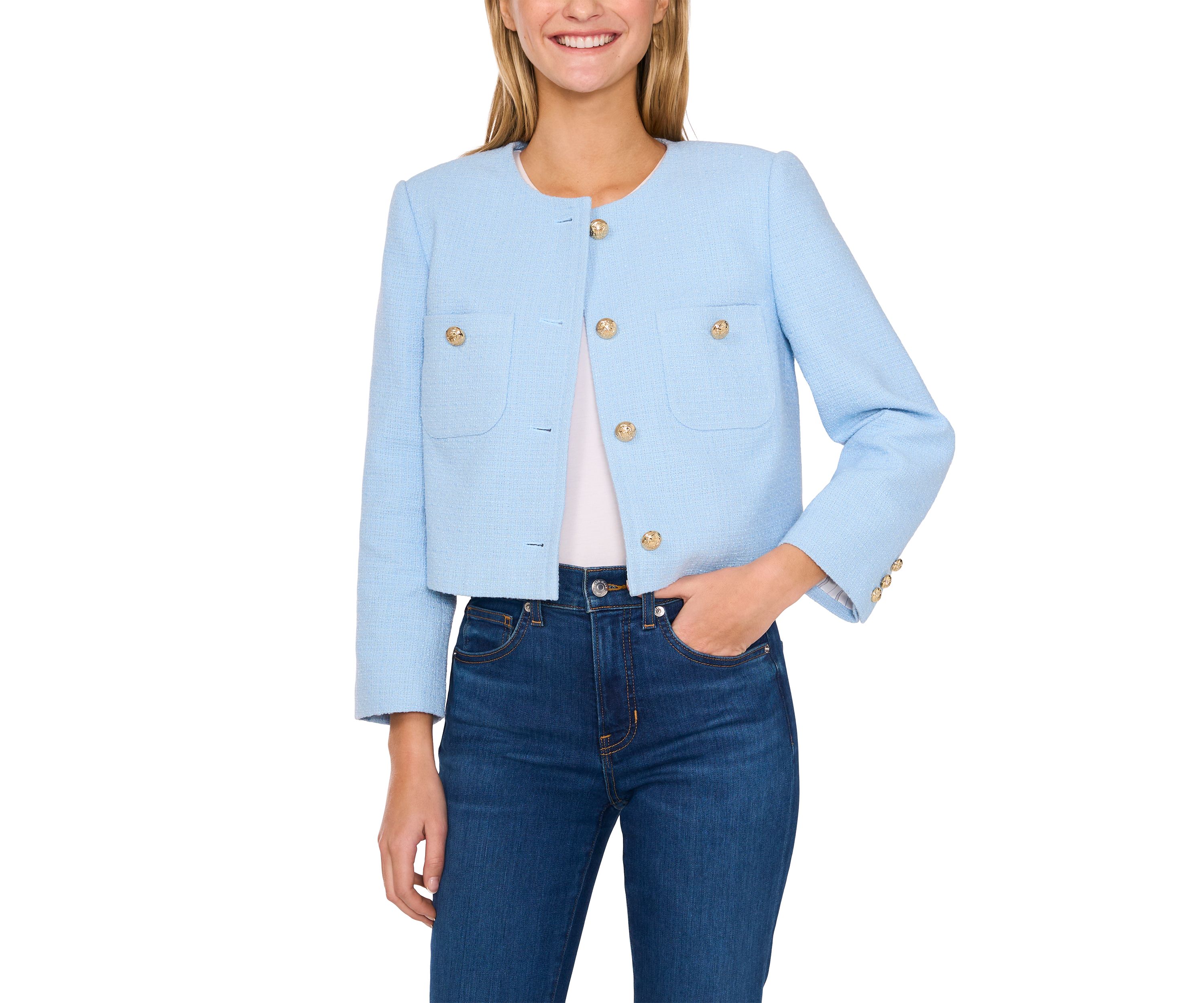Womens Long Sleeve Two Pocket Button Front Tweed Jacket