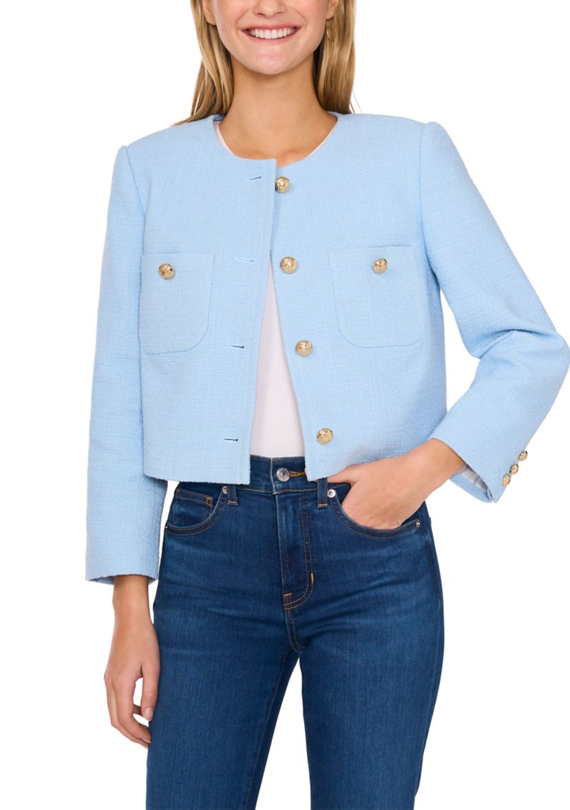 Womens Long Sleeve Two Pocket Button Front Tweed Jacket