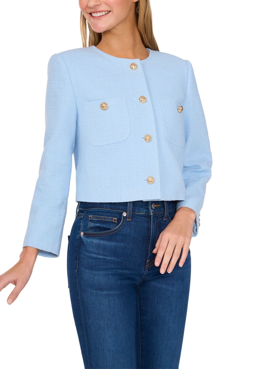 Womens Long Sleeve Two Pocket Button Front Tweed Jacket