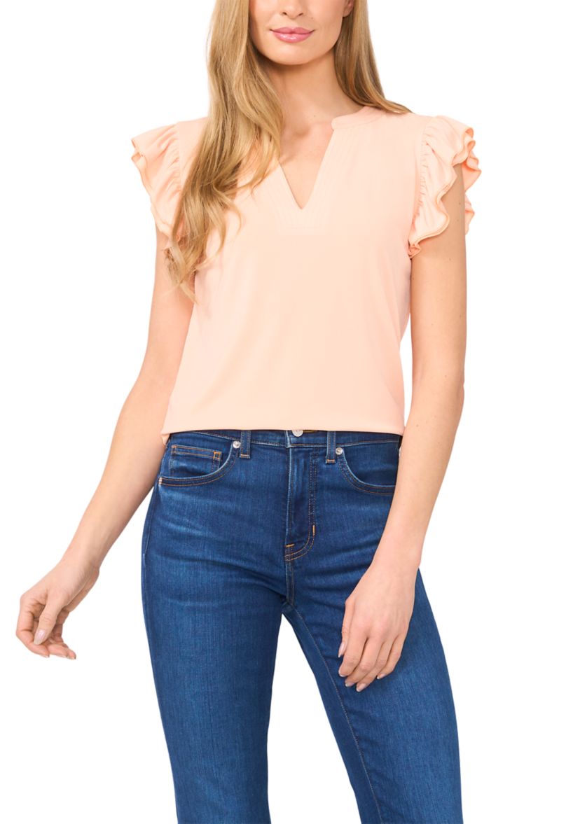 Womens Ruffle Sleeve Split Neck Blouse