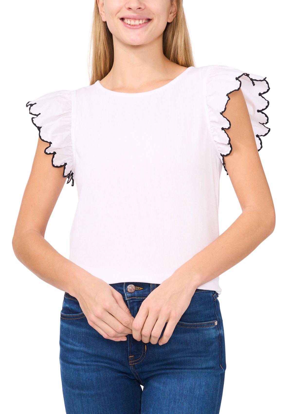 Womens 3D Floral Flutter Sleeve Mix Media Knit Top