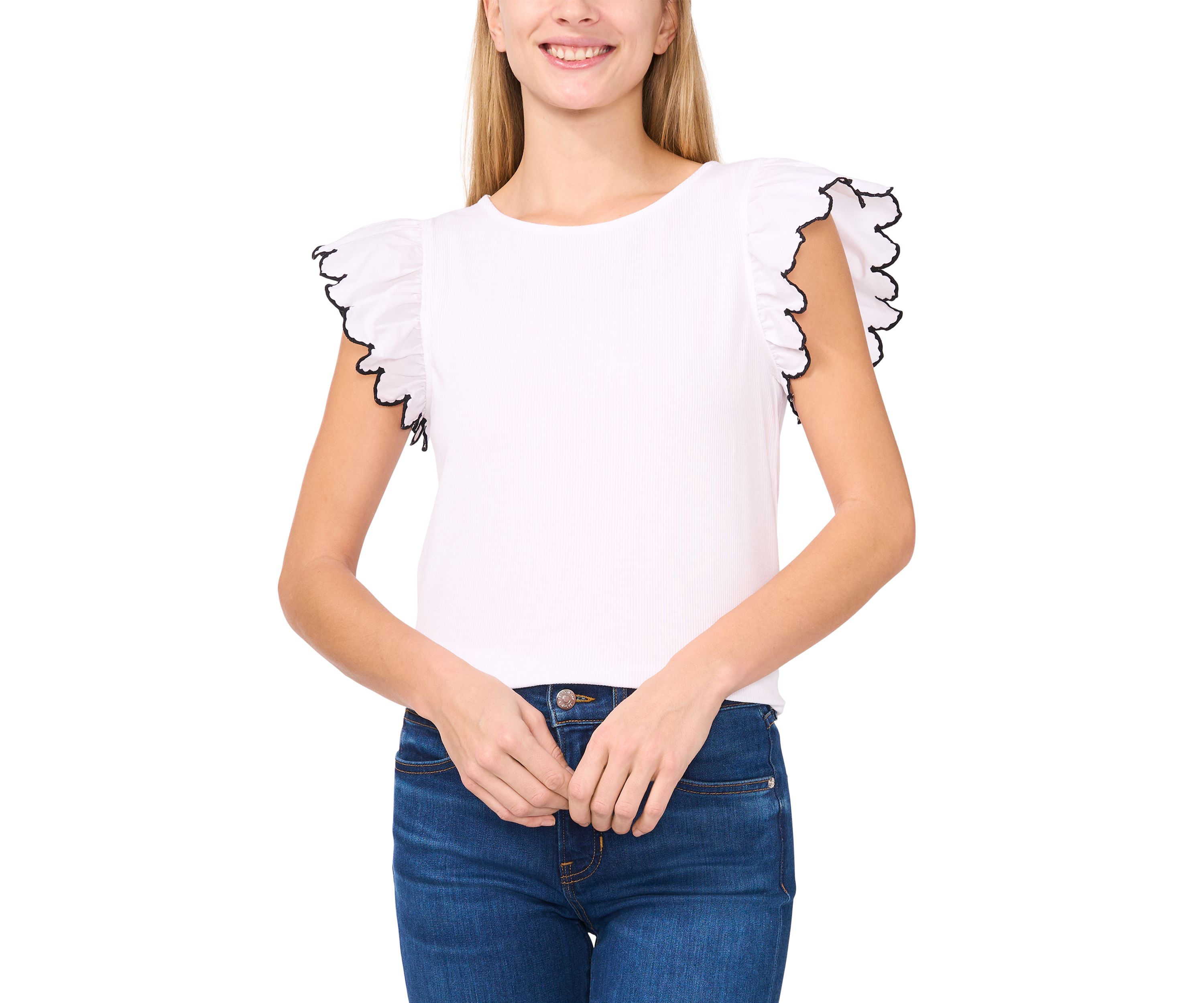 Womens 3D Floral Flutter Sleeve Mix Media Knit Top