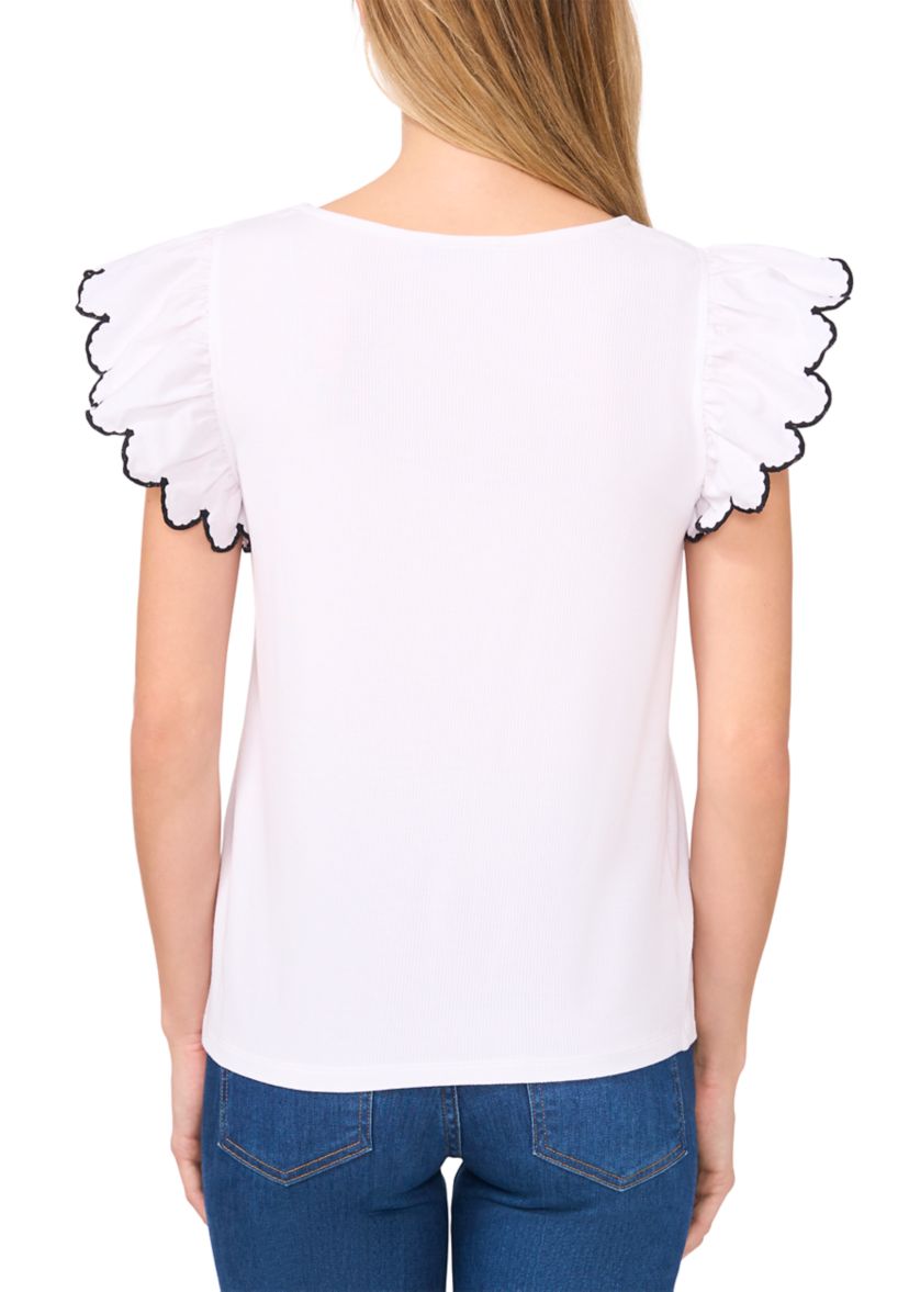 Womens 3D Floral Flutter Sleeve Mix Media Knit Top