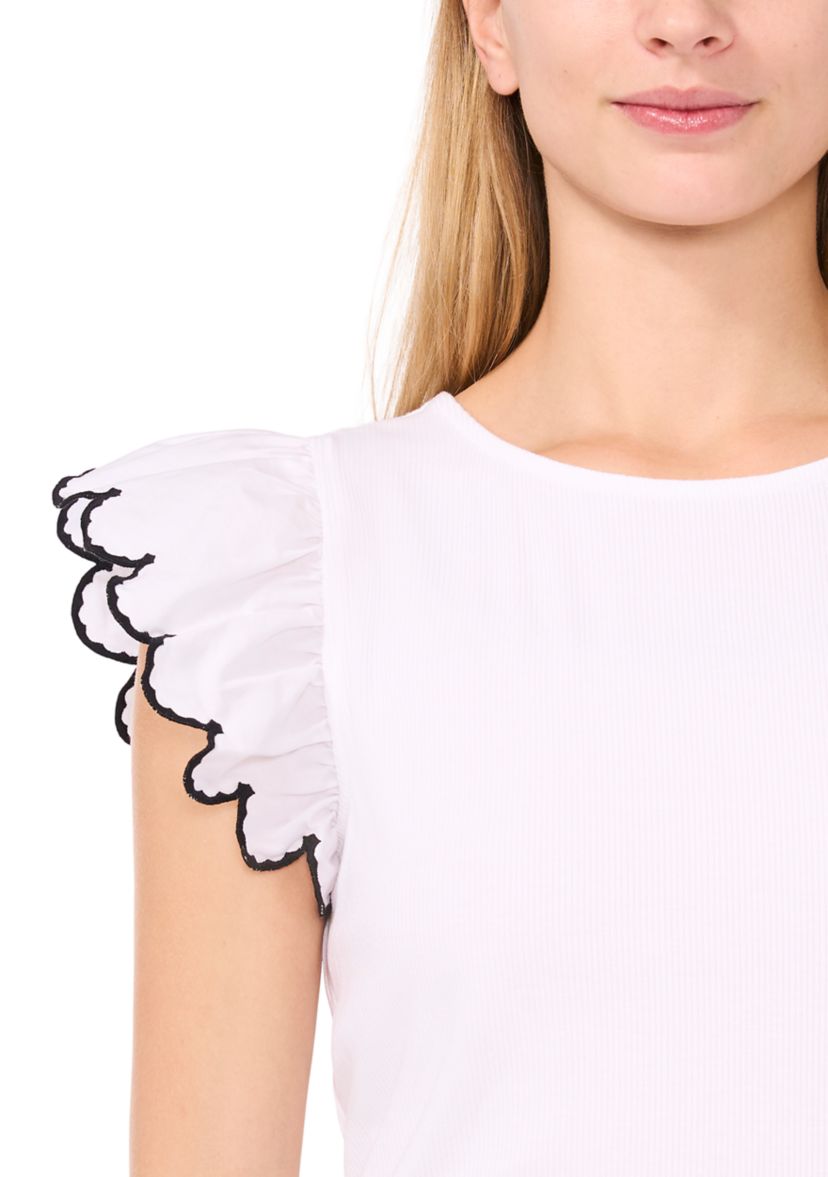 Womens 3D Floral Flutter Sleeve Mix Media Knit Top