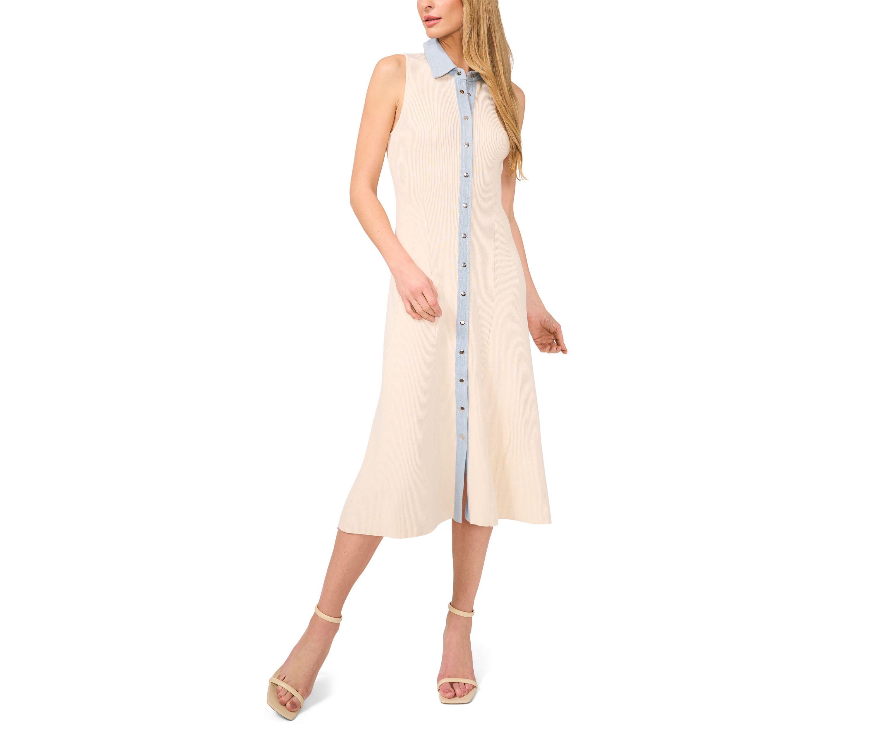 Womens Sleeveless Ribbed Chambray Trim Collared Dress