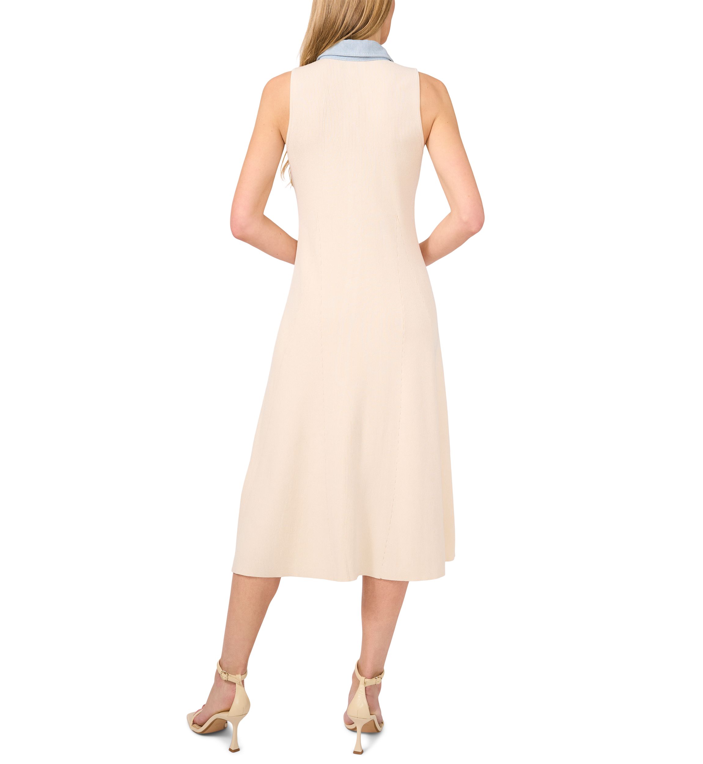 Womens Sleeveless Ribbed Chambray Trim Collared Dress