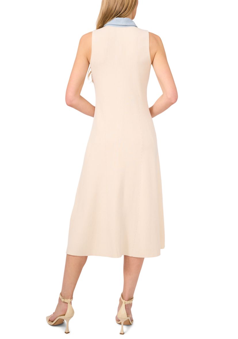 Womens Sleeveless Ribbed Chambray Trim Collared Dress