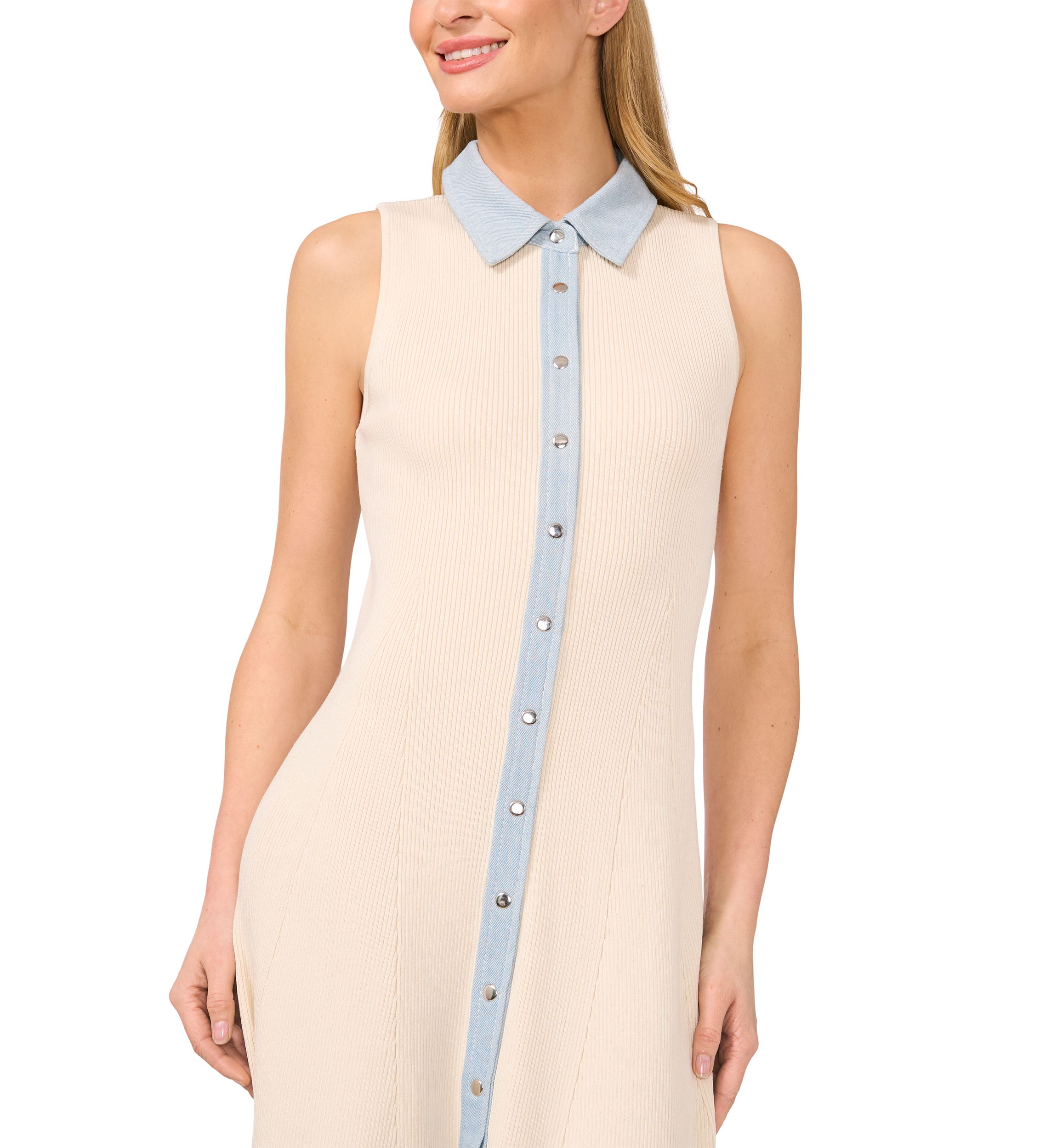 Womens Sleeveless Ribbed Chambray Trim Collared Dress