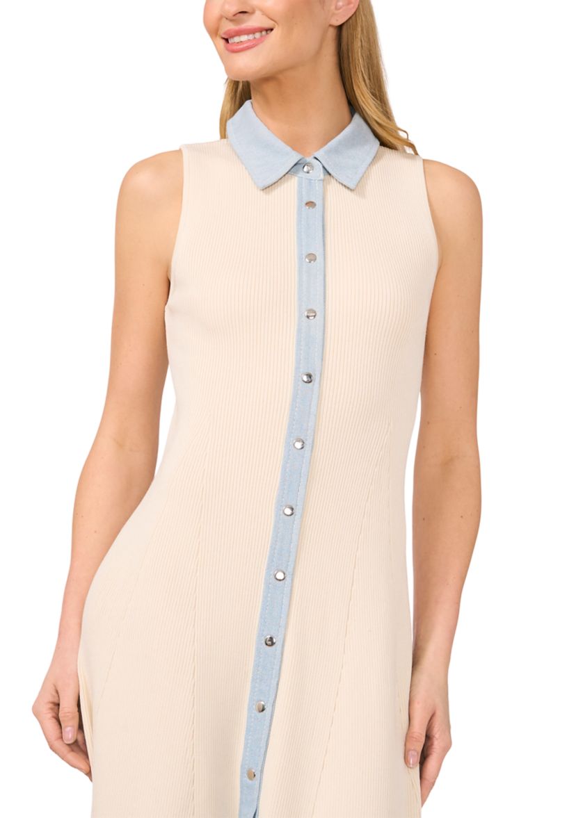 Womens Sleeveless Ribbed Chambray Trim Collared Dress