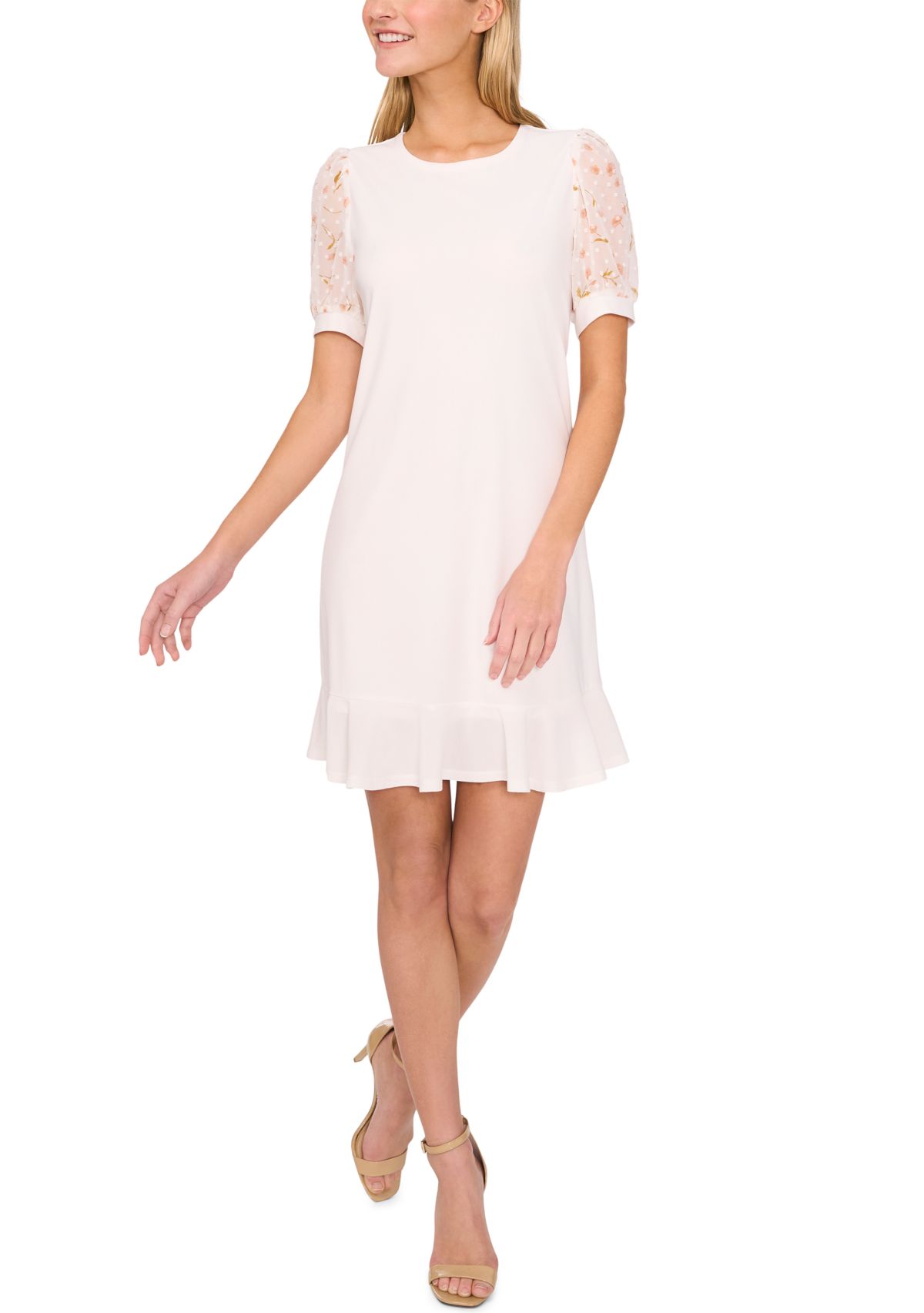 Womens Mixed Media Floral Ruffle Hem Dress