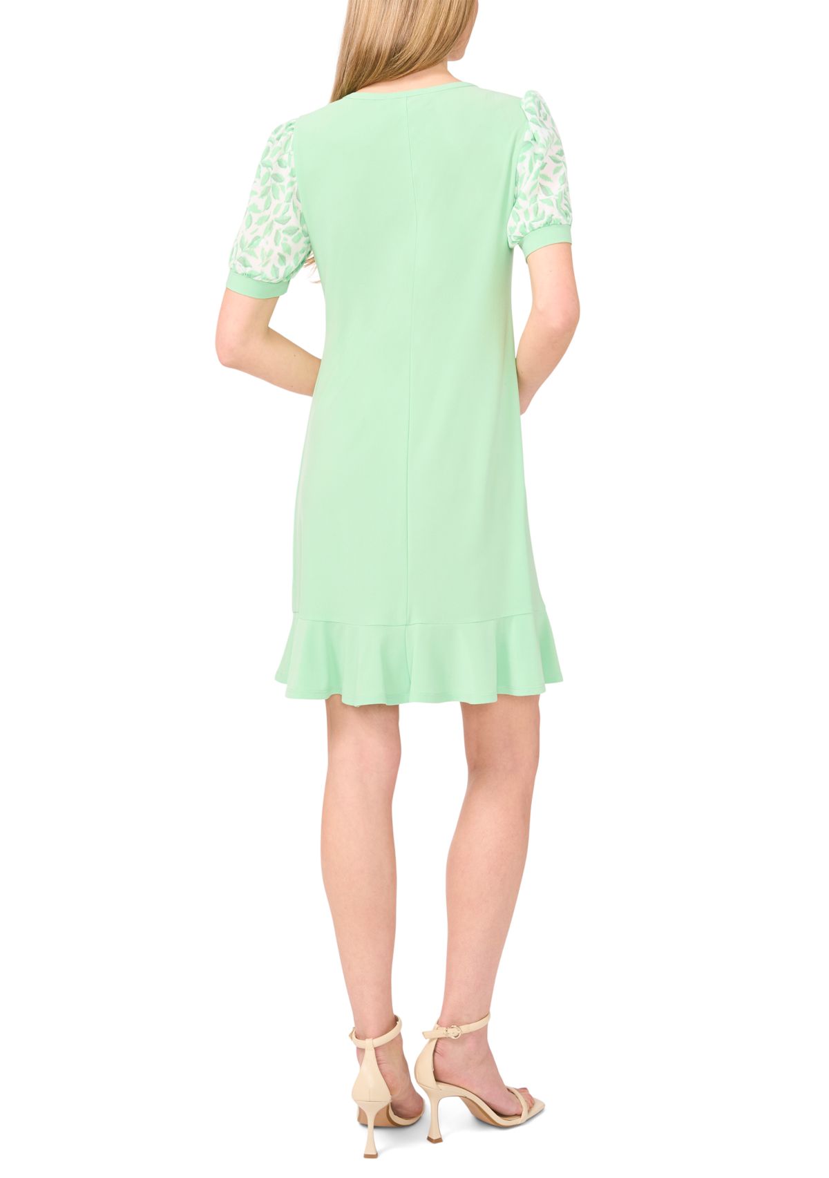 Womens Mixed Media Leaf Ruffle Hem Dress