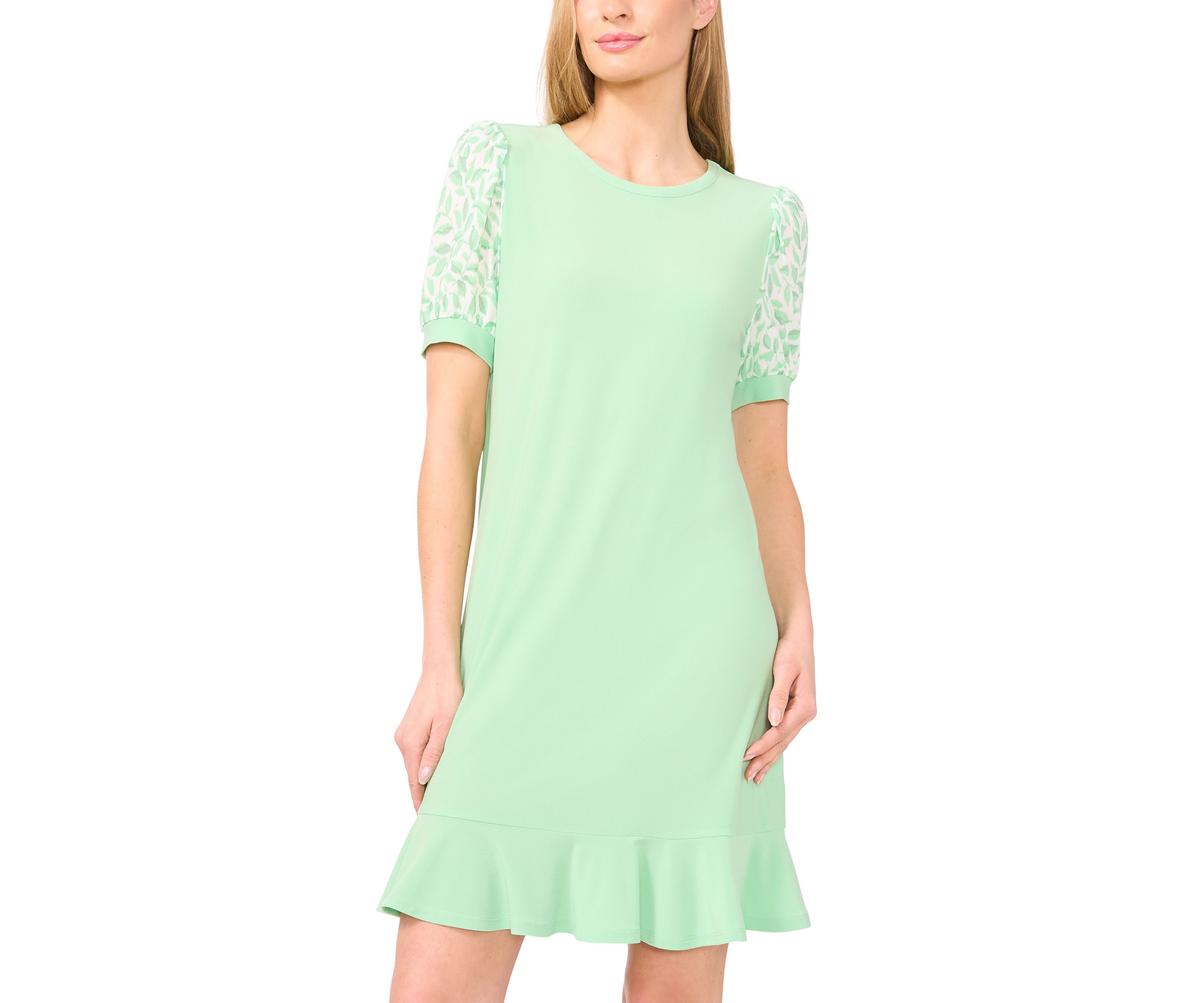 Womens Mixed Media Leaf Ruffle Hem Dress