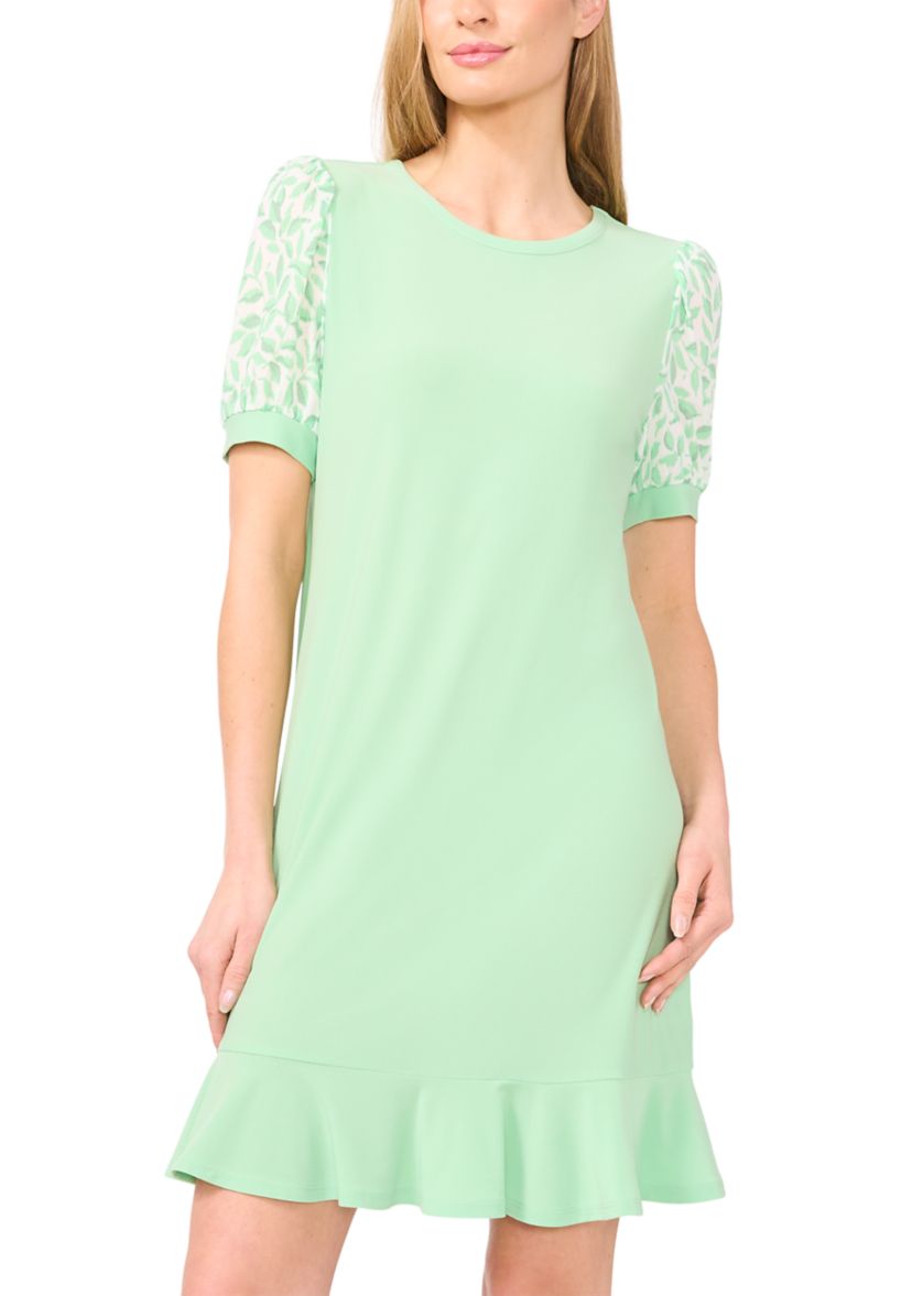 Womens Mixed Media Leaf Ruffle Hem Dress