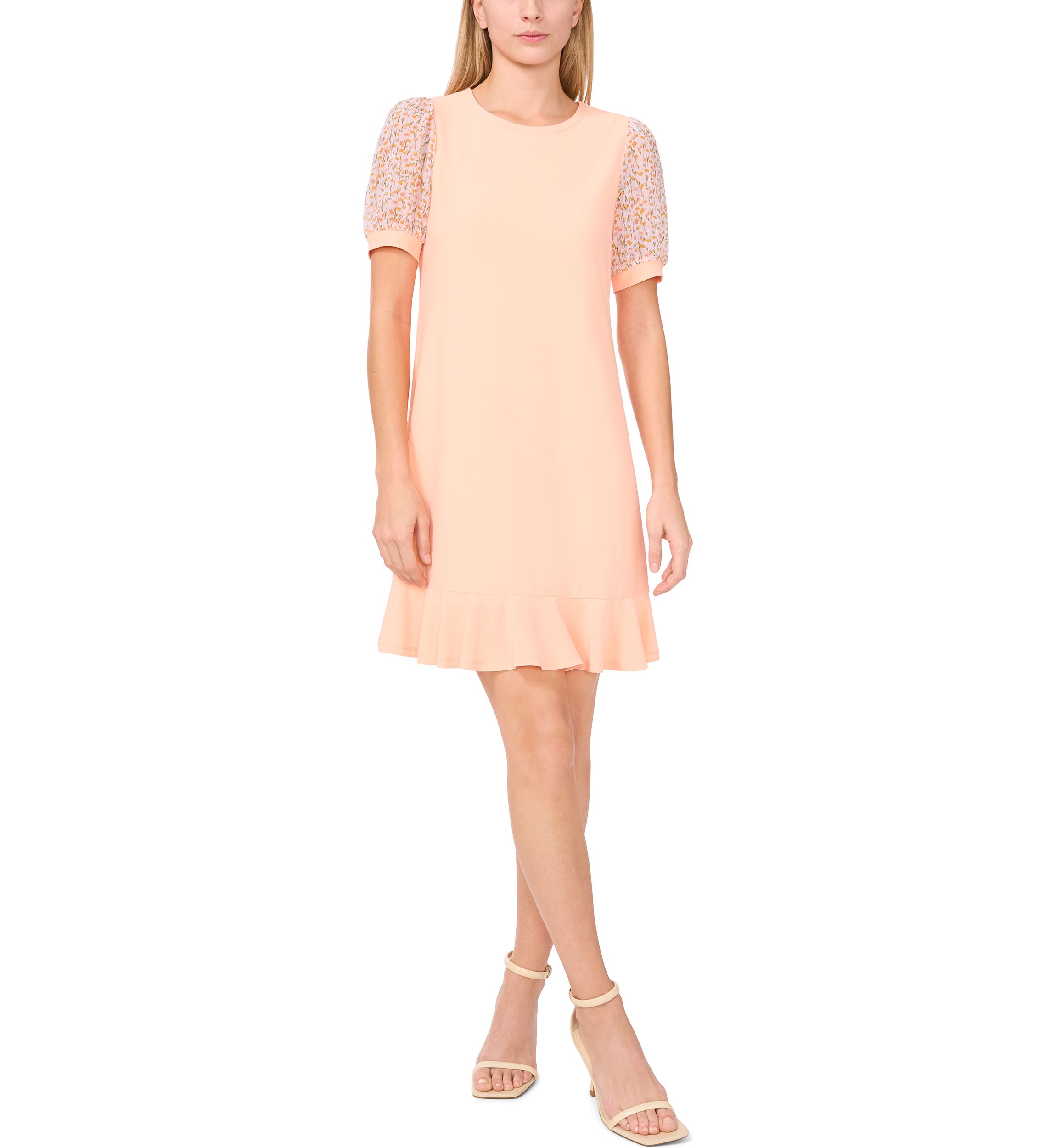 Womens Mixed Media Smudge Floral Ruffle Hem Dress
