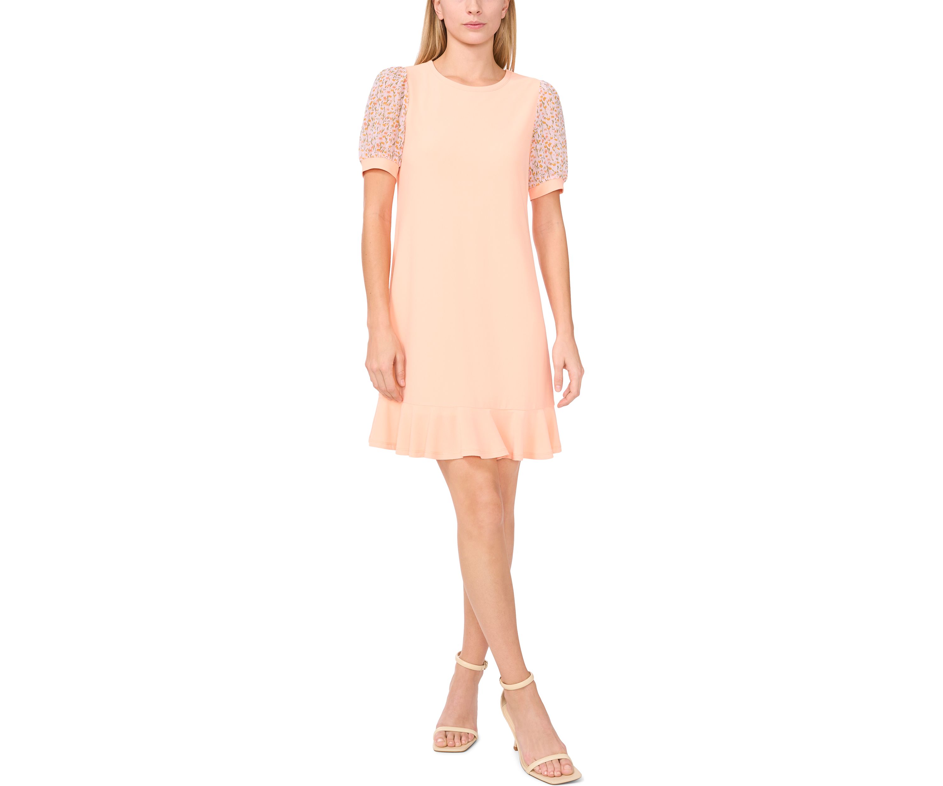 Womens Mixed Media Smudge Floral Ruffle Hem Dress