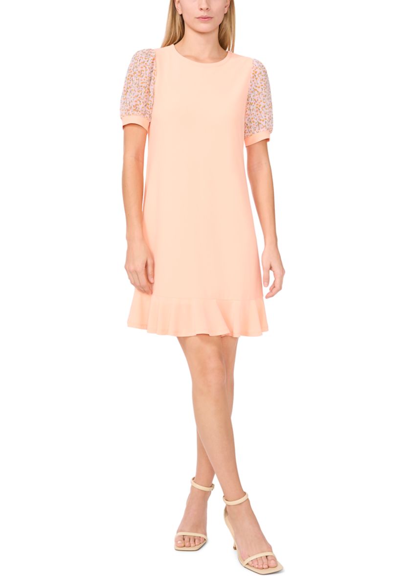 Womens Mixed Media Smudge Floral Ruffle Hem Dress