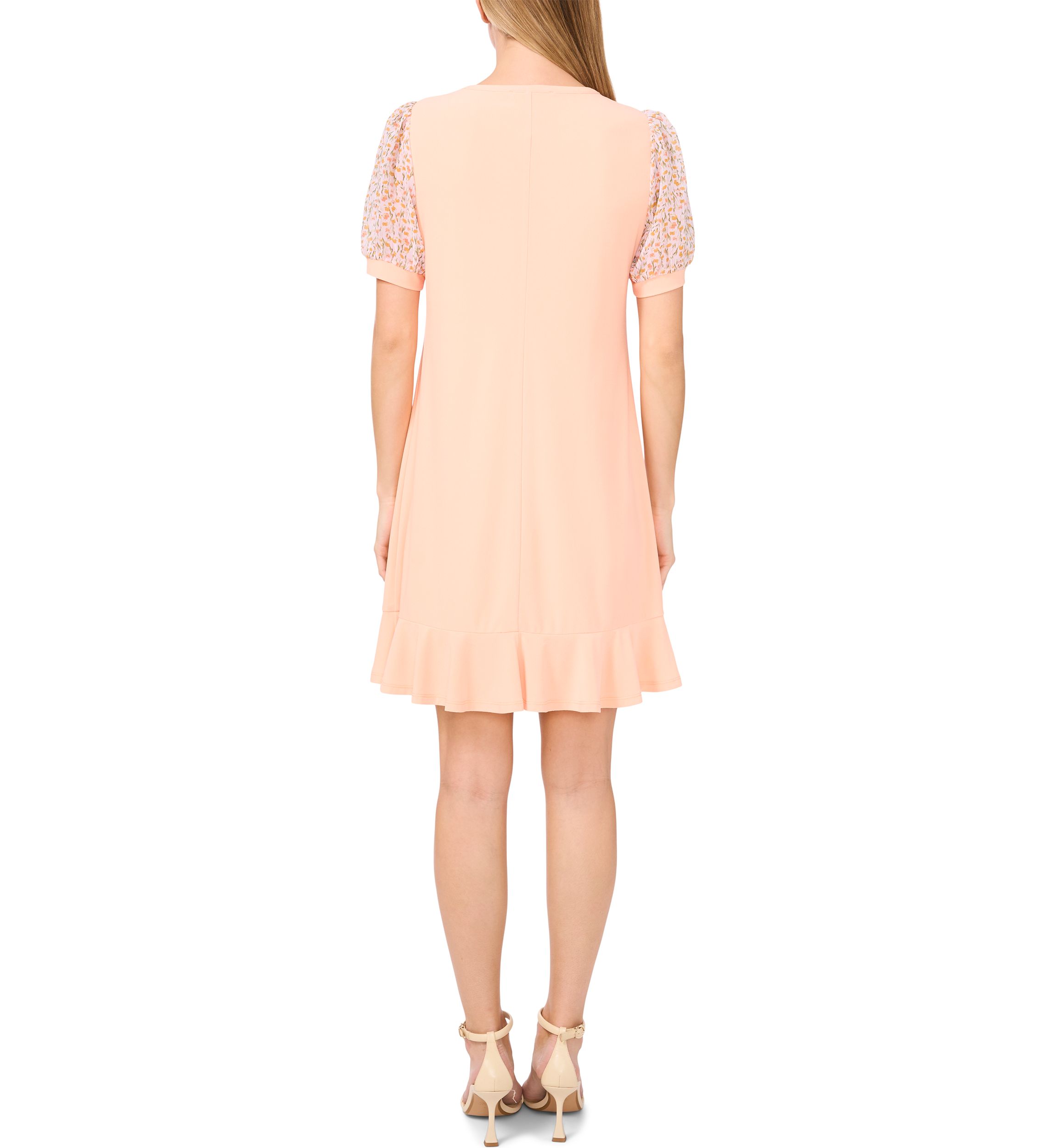 Womens Mixed Media Smudge Floral Ruffle Hem Dress