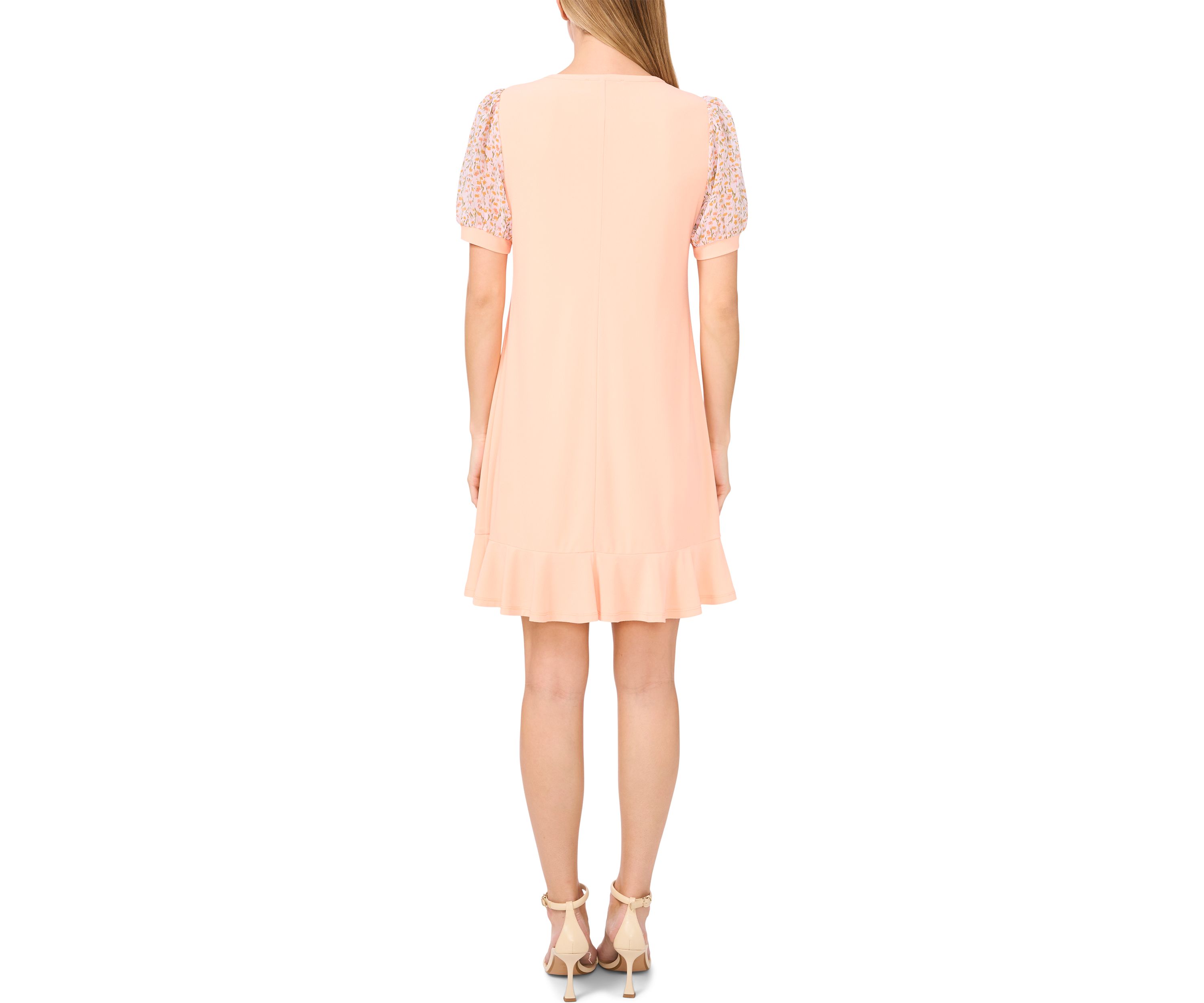 Womens Mixed Media Smudge Floral Ruffle Hem Dress