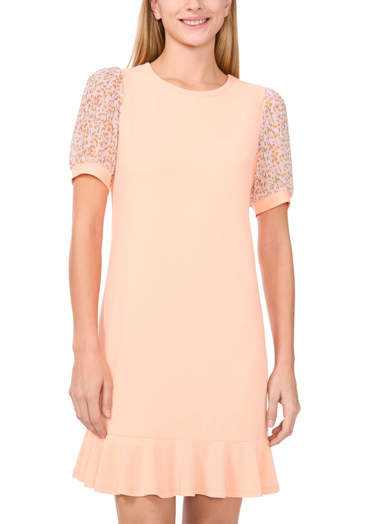 Womens Mixed Media Smudge Floral Ruffle Hem Dress
