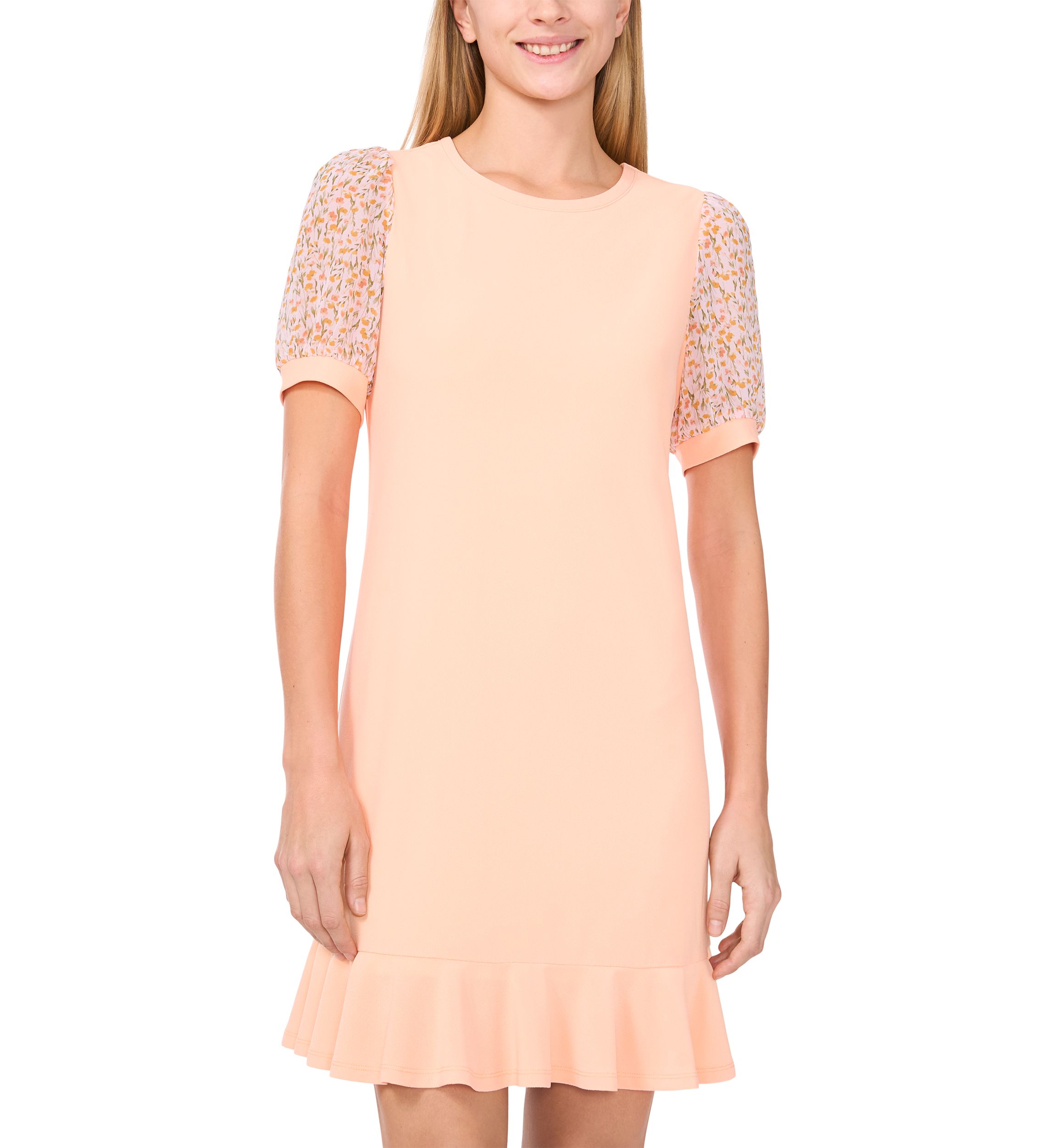 Womens Mixed Media Smudge Floral Ruffle Hem Dress