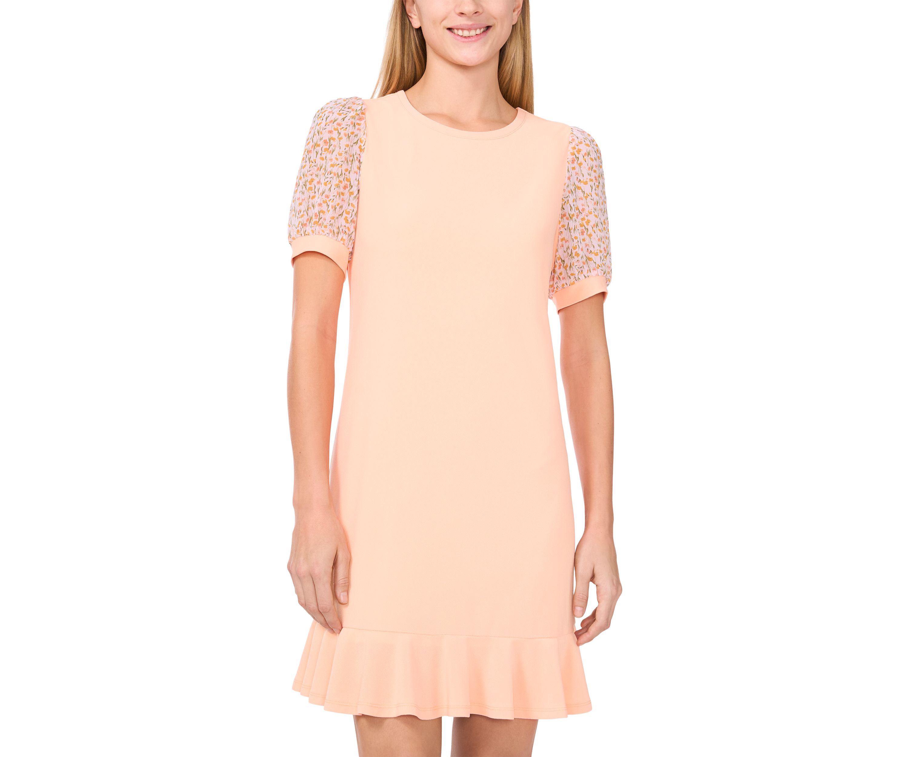 Womens Mixed Media Smudge Floral Ruffle Hem Dress