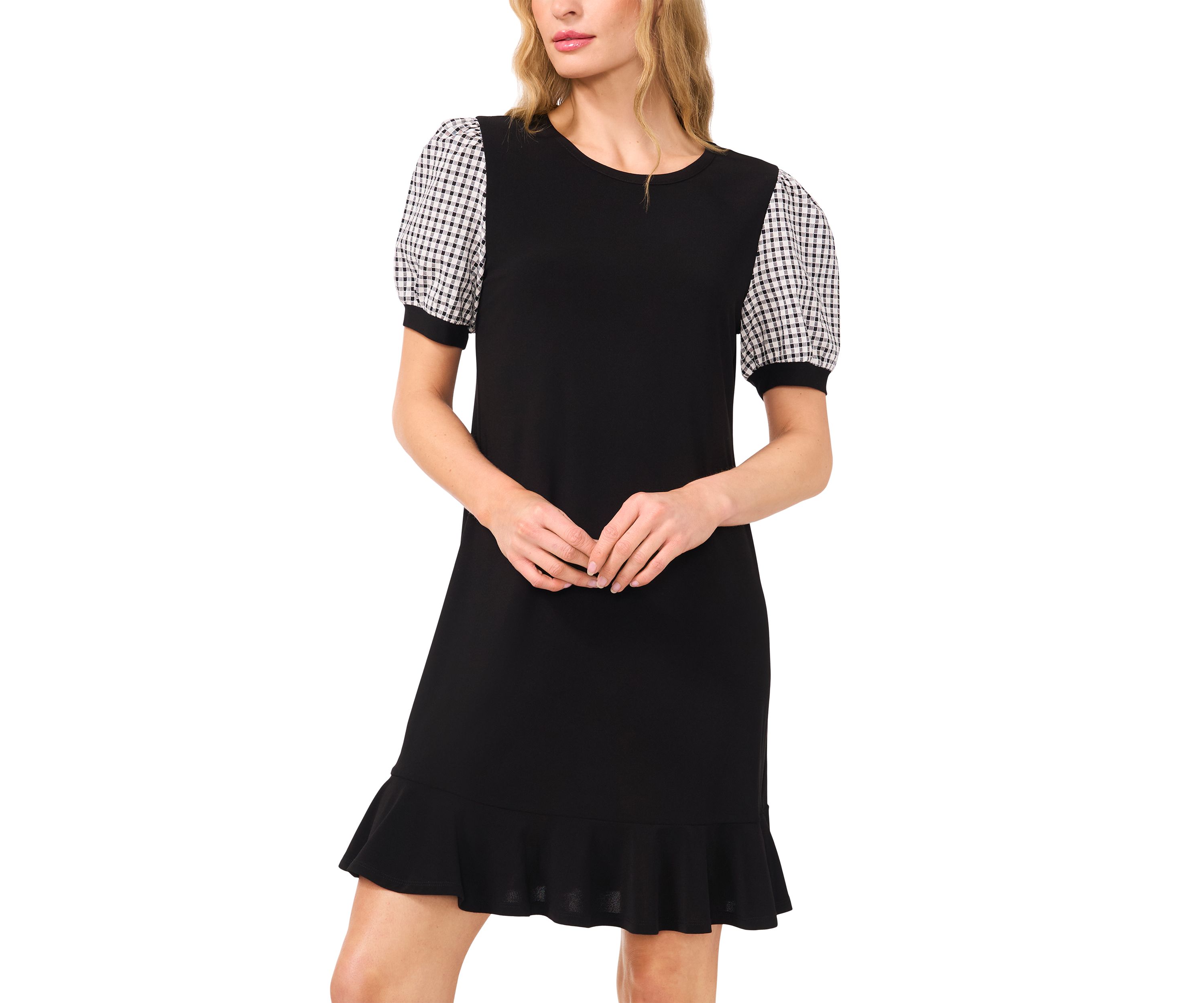 Womens Mixed Media Gingham Print Ruffle Hem Dress 