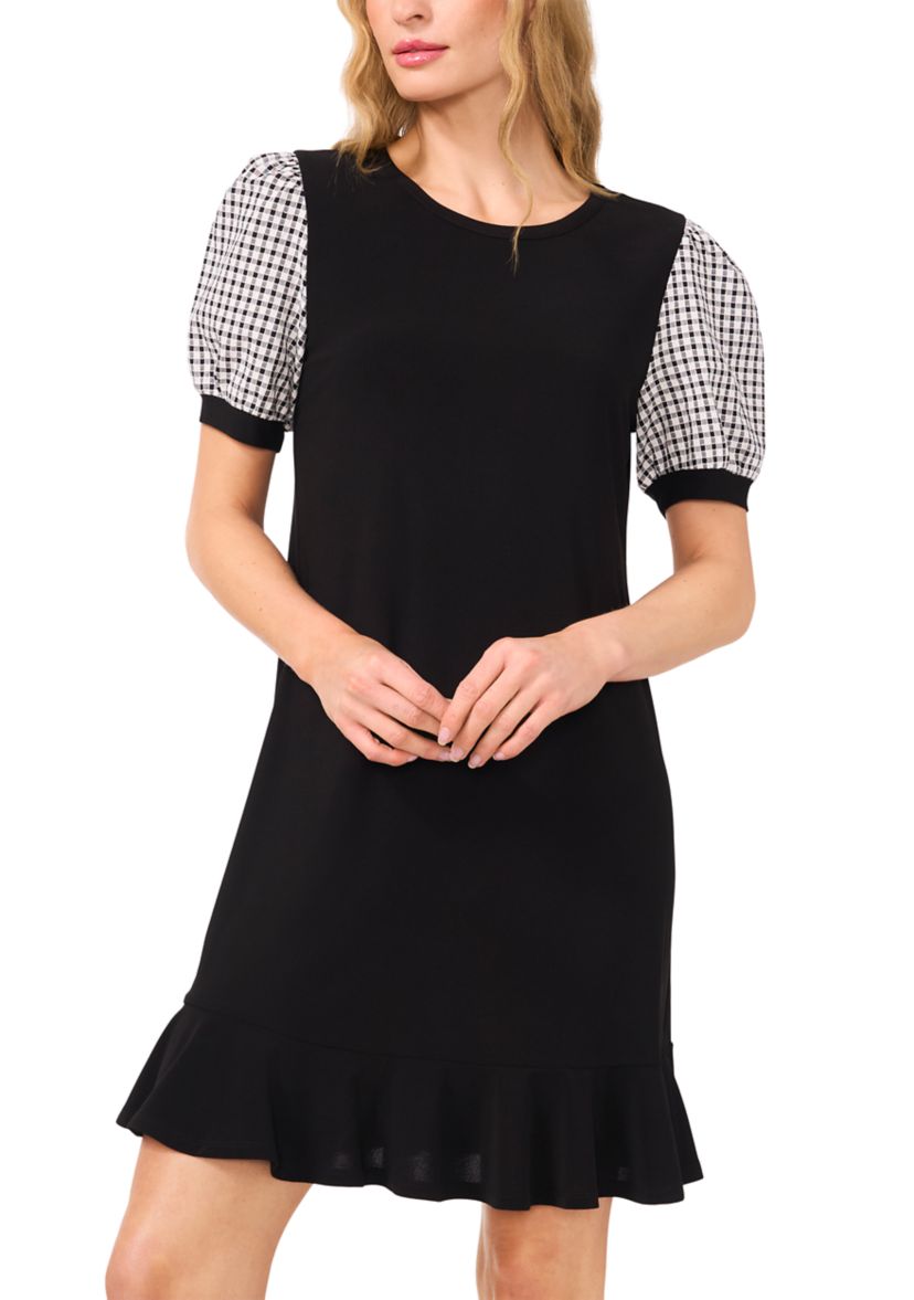 Womens Mixed Media Gingham Print Ruffle Hem Dress 