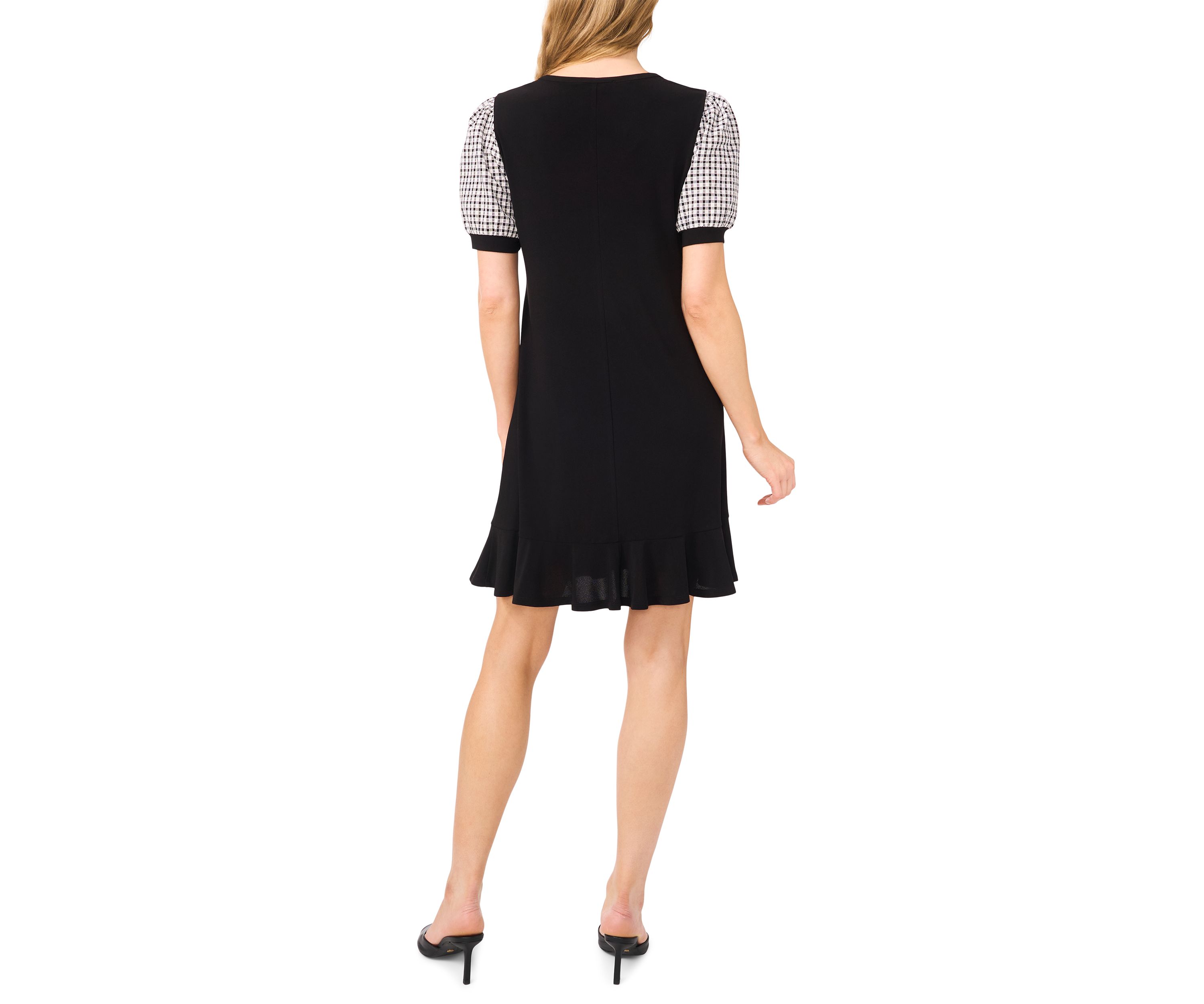 Womens Mixed Media Gingham Print Ruffle Hem Dress 