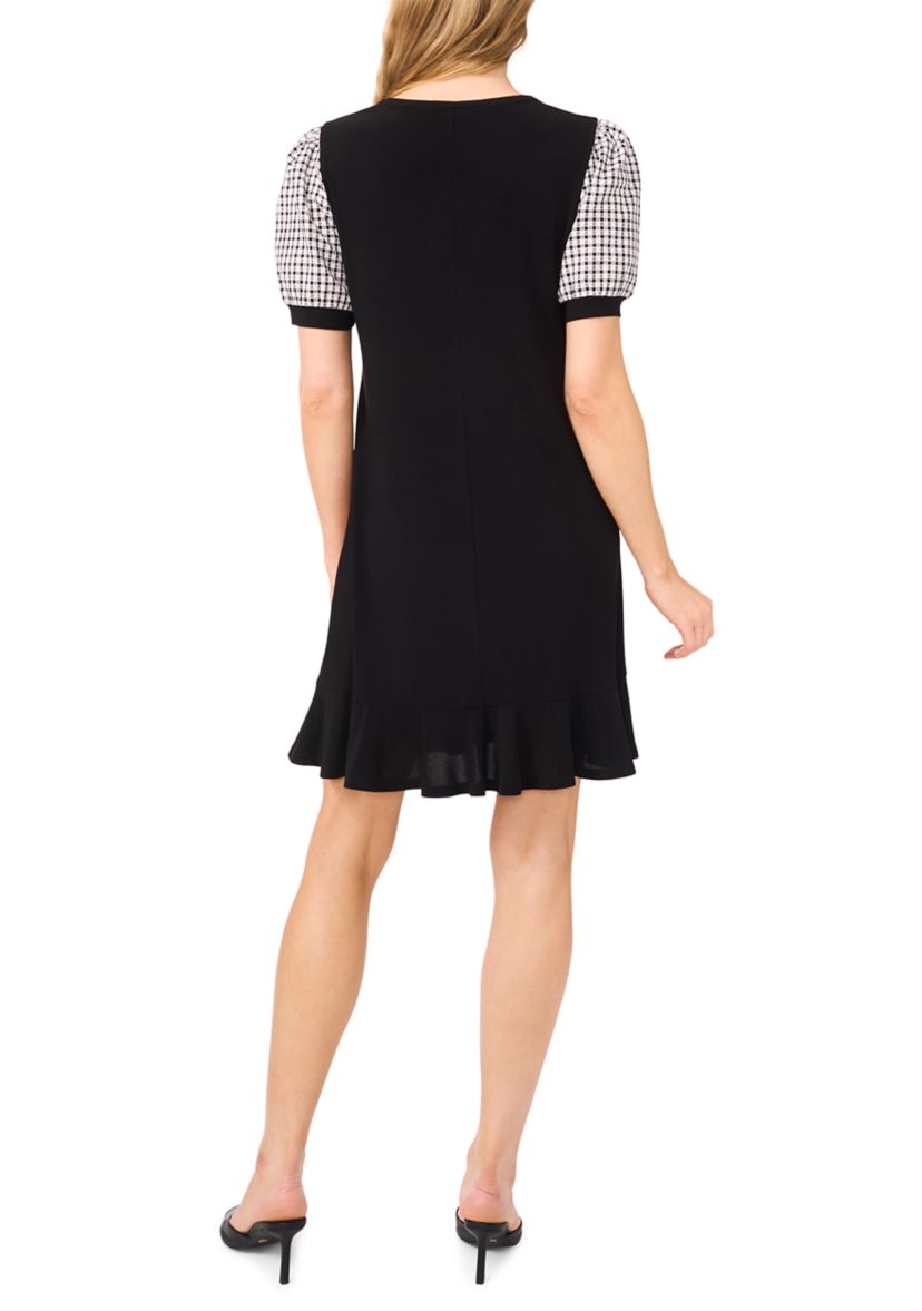 Womens Mixed Media Gingham Print Ruffle Hem Dress 