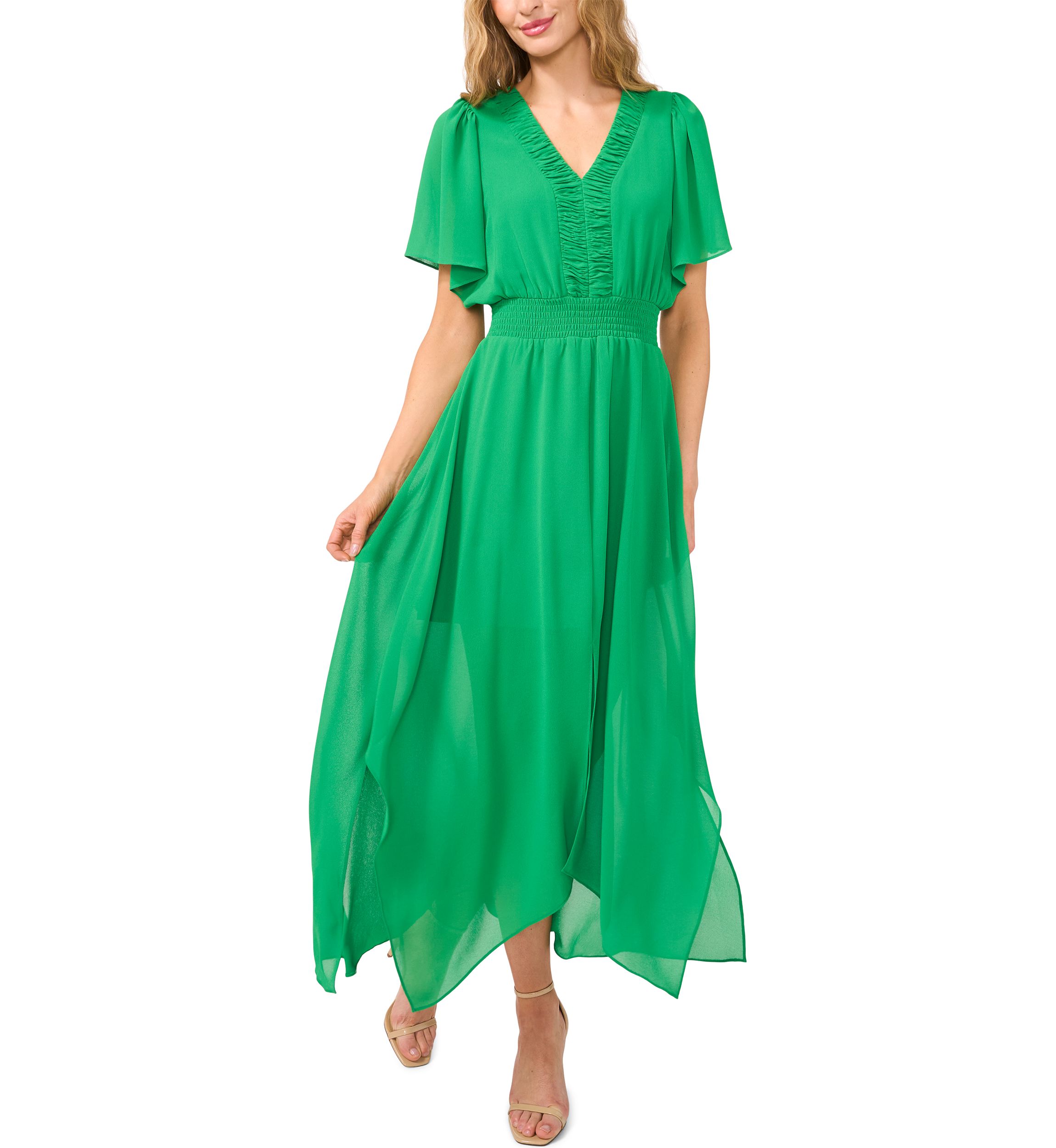 Flutter Sleeve V-Neck Tiered Midi Dress 