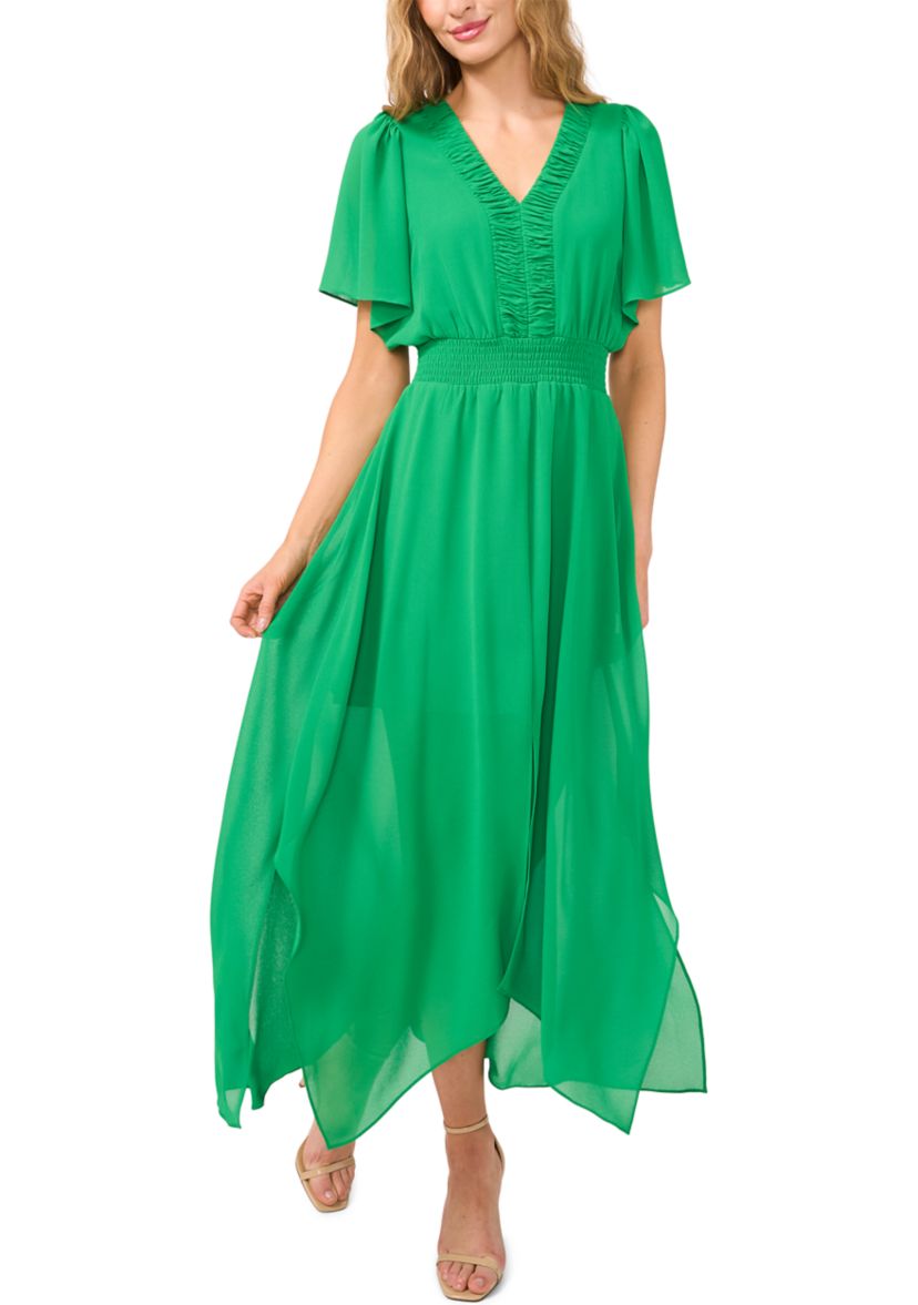 Flutter Sleeve V-Neck Tiered Midi Dress 