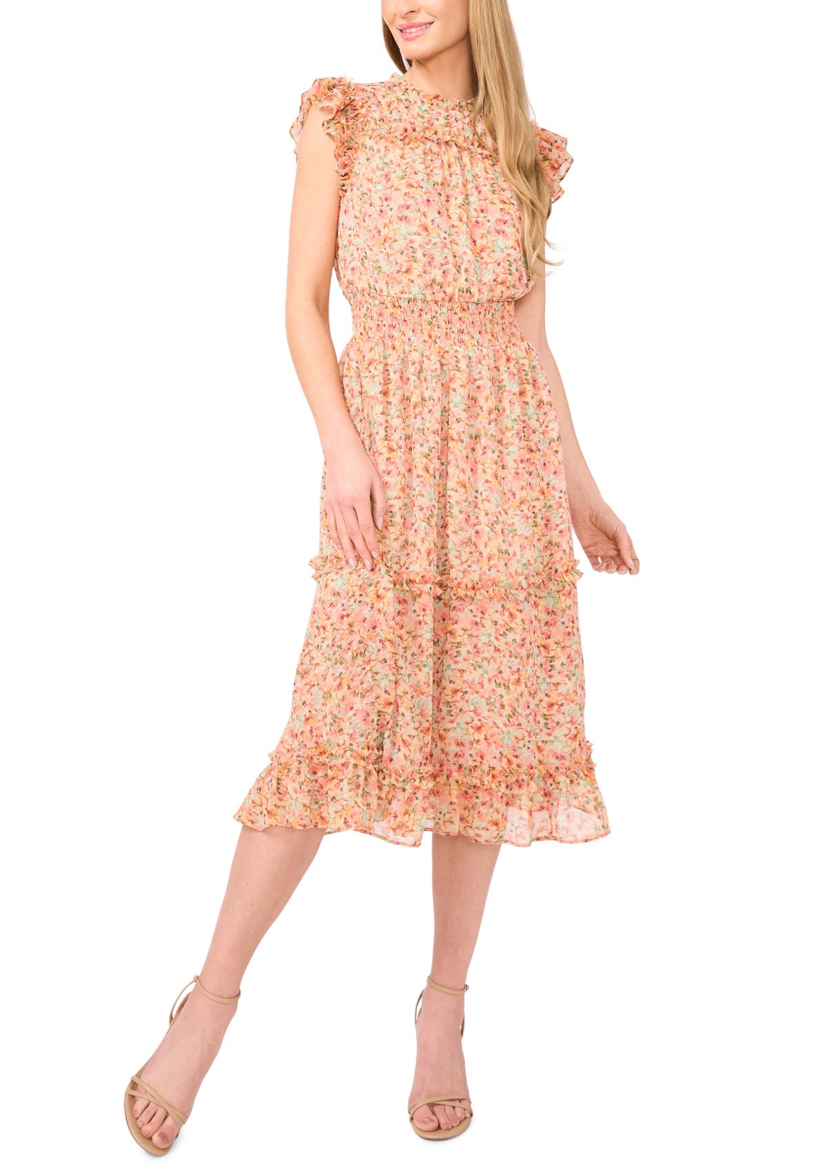 Womens Flutter Sleeve Floral Midi Dress