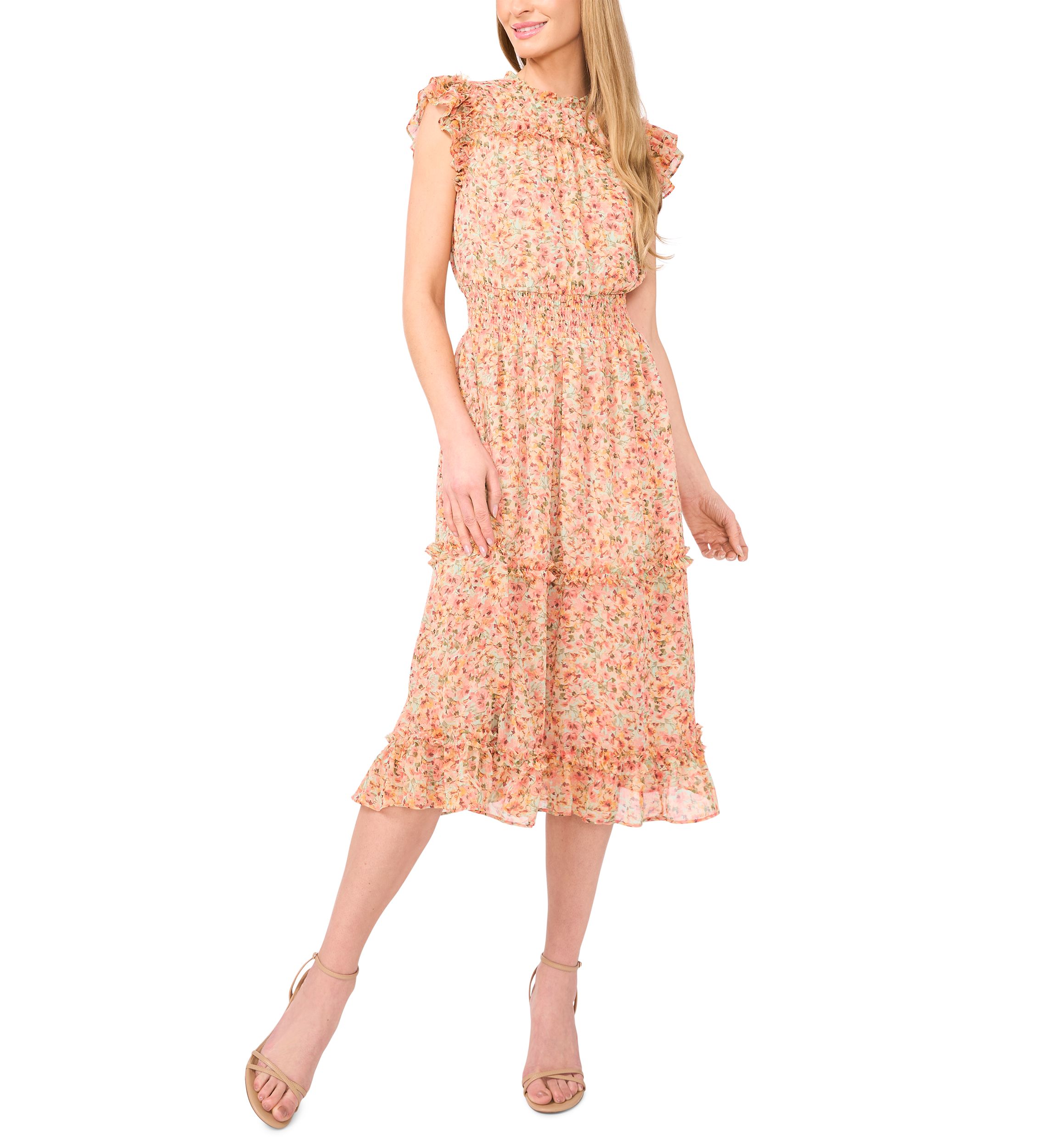 Womens Flutter Sleeve Floral Midi Dress