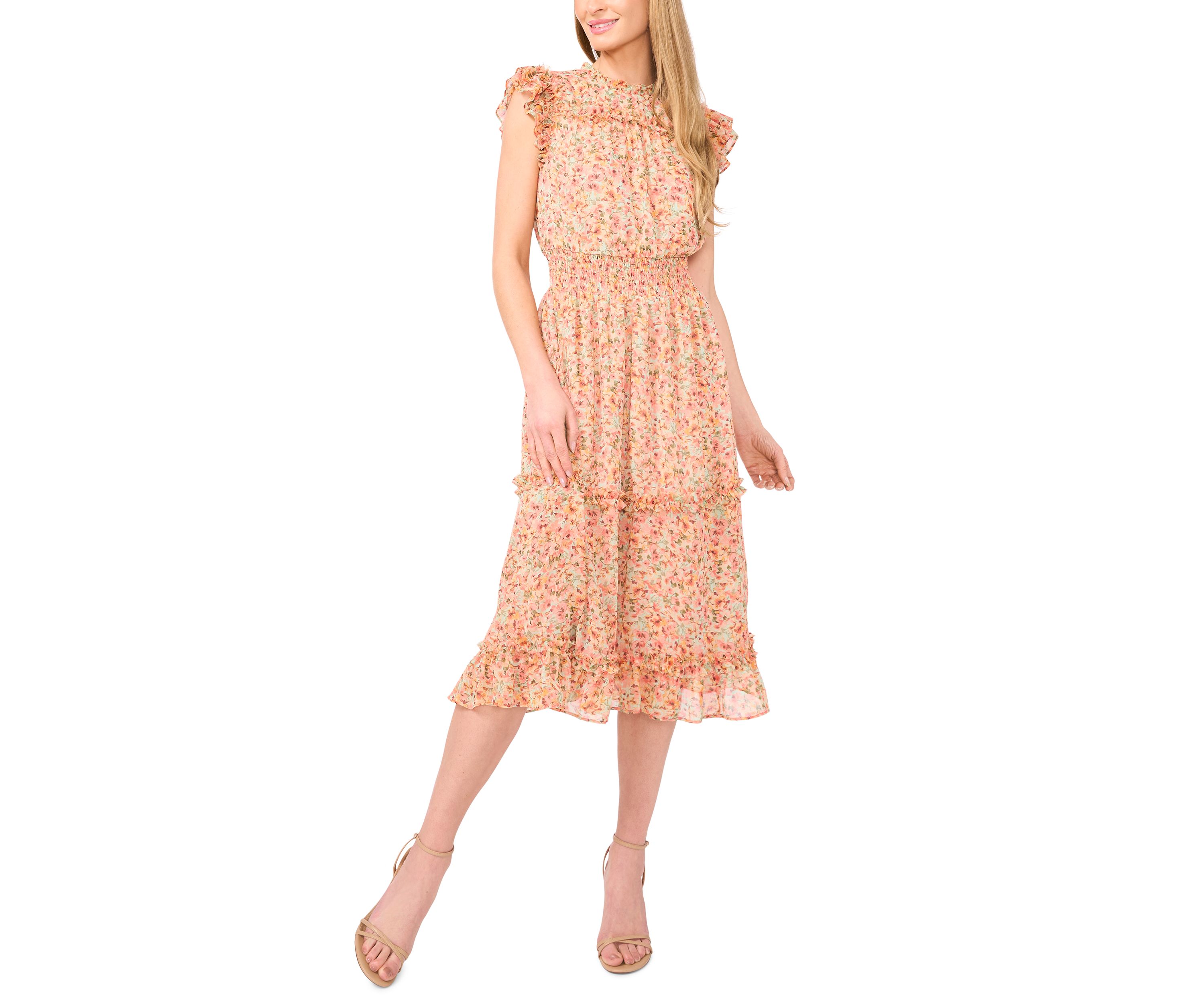 Womens Flutter Sleeve Floral Midi Dress